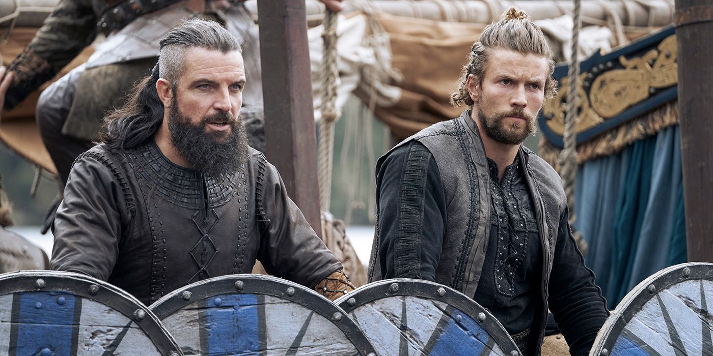 Bradley Freegard as King Canute and Leo Suter and Harald Sigurdsson in Vikings Valhalla Season 1