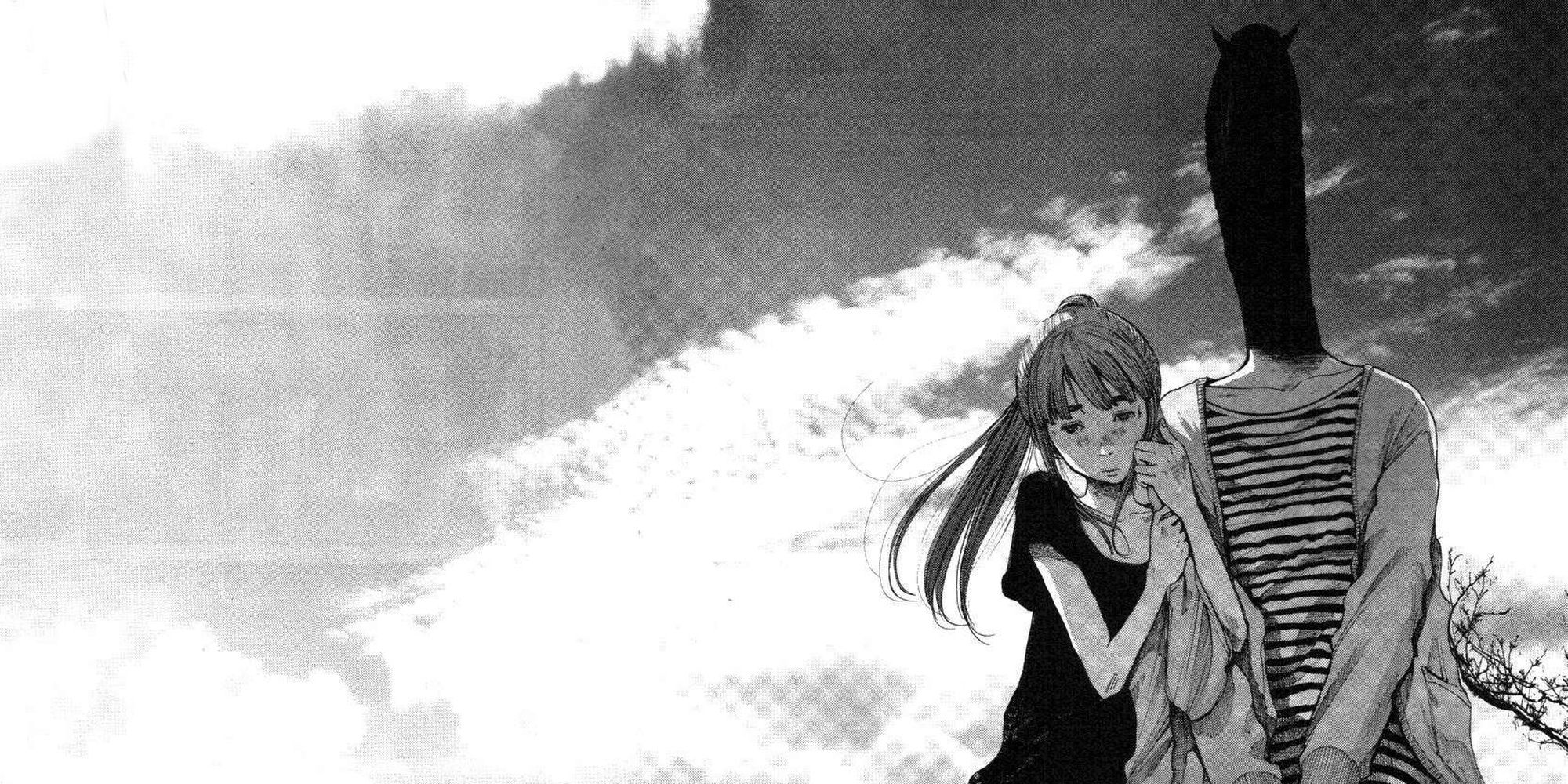 A young girl holding on to a man with a blurred face in Goodnight Punpun