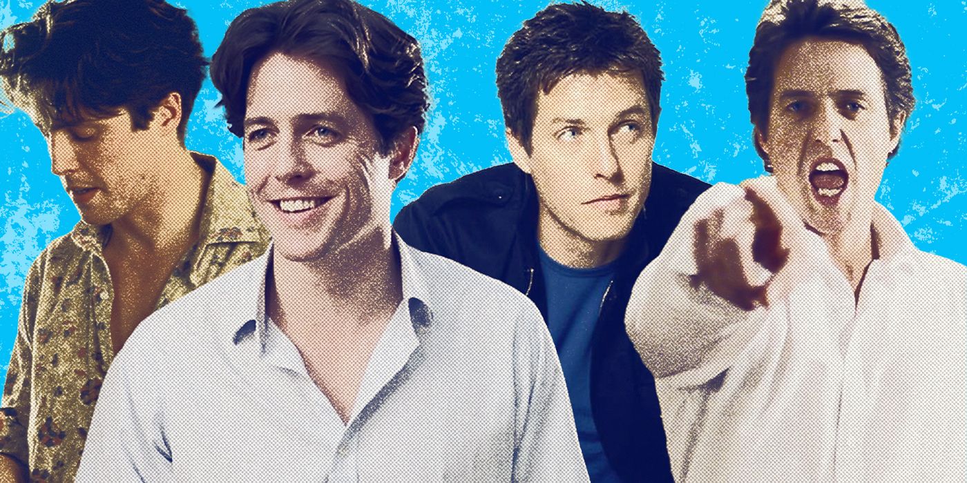 Custom image of Hugh Grant from four different movies against a blue background.