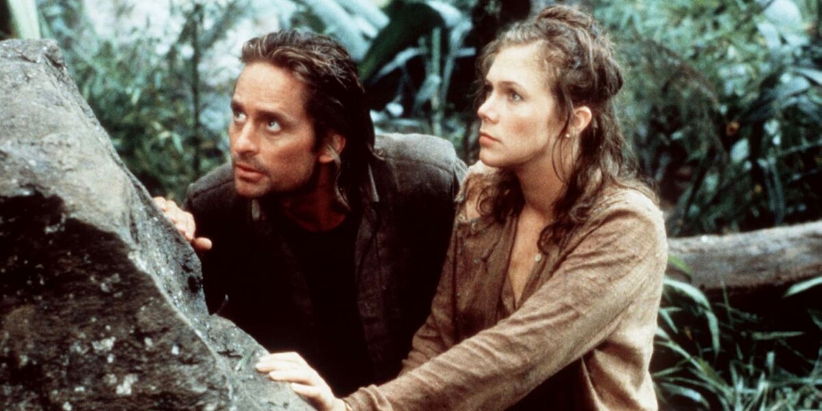 Michael Douglas and Kathleen Turner as Jack Colton and Joan Wilder in Romancing the Stone