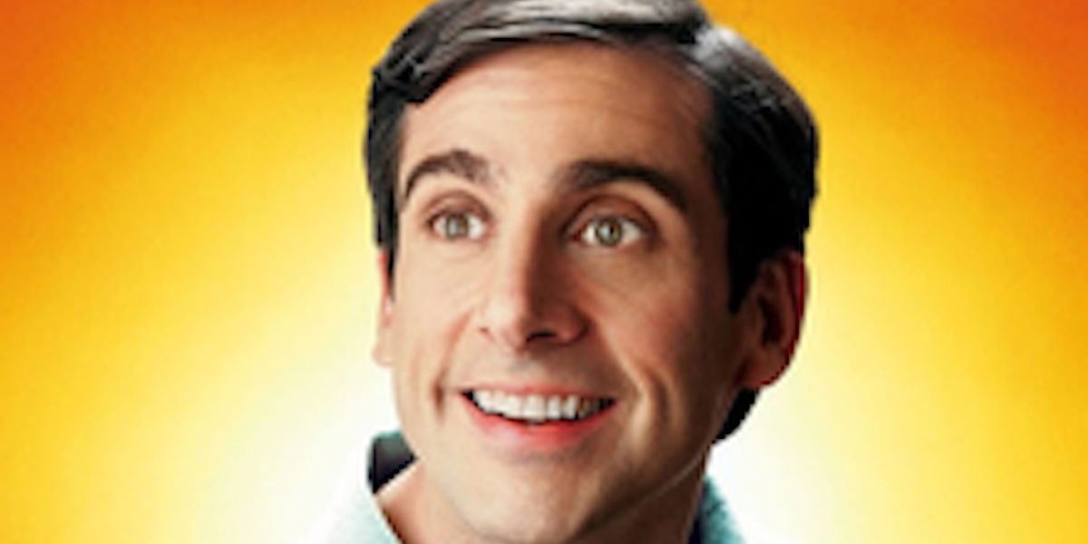 Steve Carell smiling widely on a poster fo The 40-Year-OldVirgin