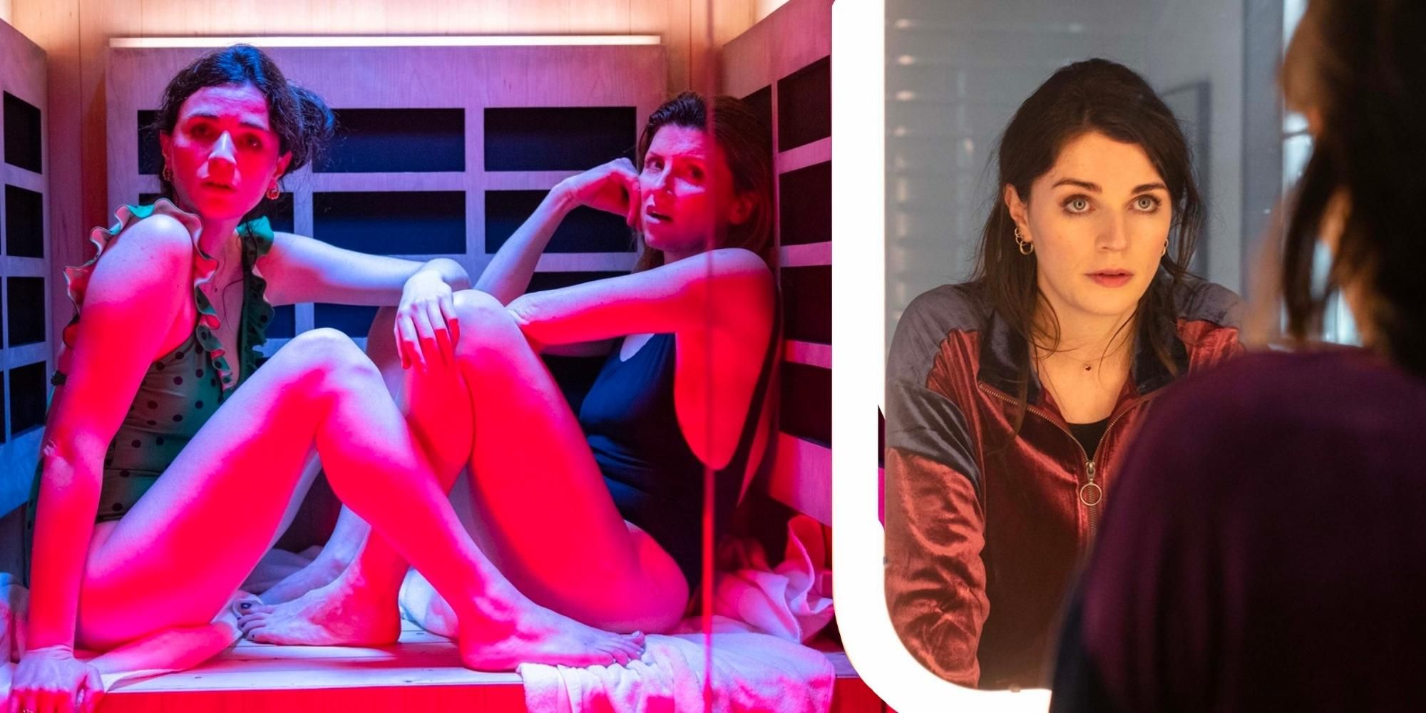 Aisling Bea and Sharon Horgan in sauna, Bea looking in a mirror in This Way Up