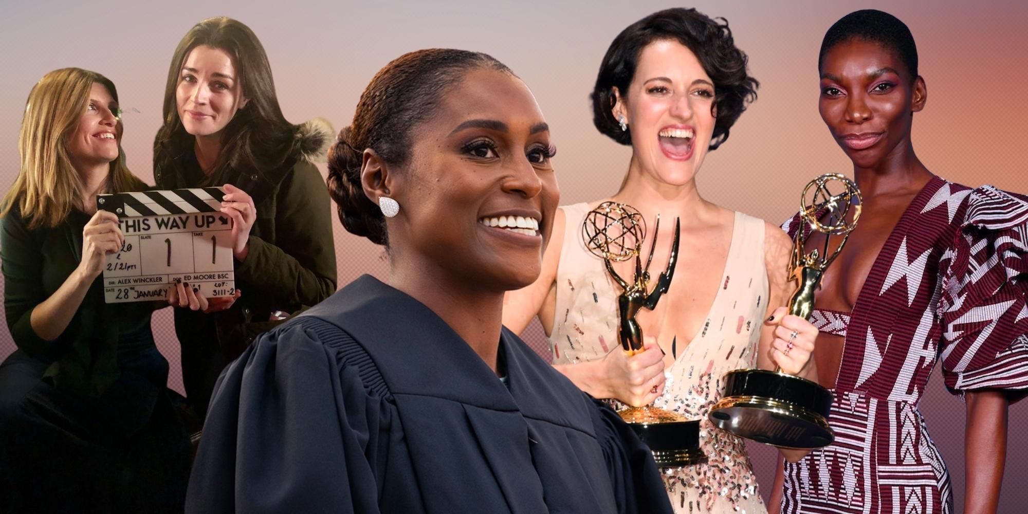 Aisling Bea and Sharon Horgan on the set of This Way Up, Issa Rae doing graduation speak, Phoebe Waller-Bridge with awards and Michaela Coel at an awards ceremony