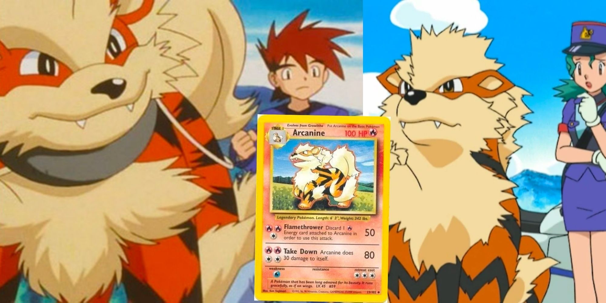 Arcanine with Gary and Officer Jenny and on original Pokemon card Nintendo Game and Anime Pokemon