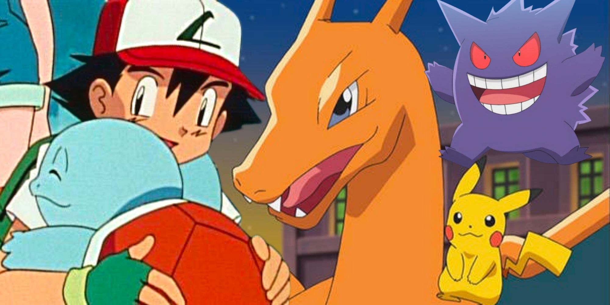 Ash and Squirtle hugging, Charizard with Pikachu on it's shoulder, Genger of Nintendo Game and Anime Pokemon