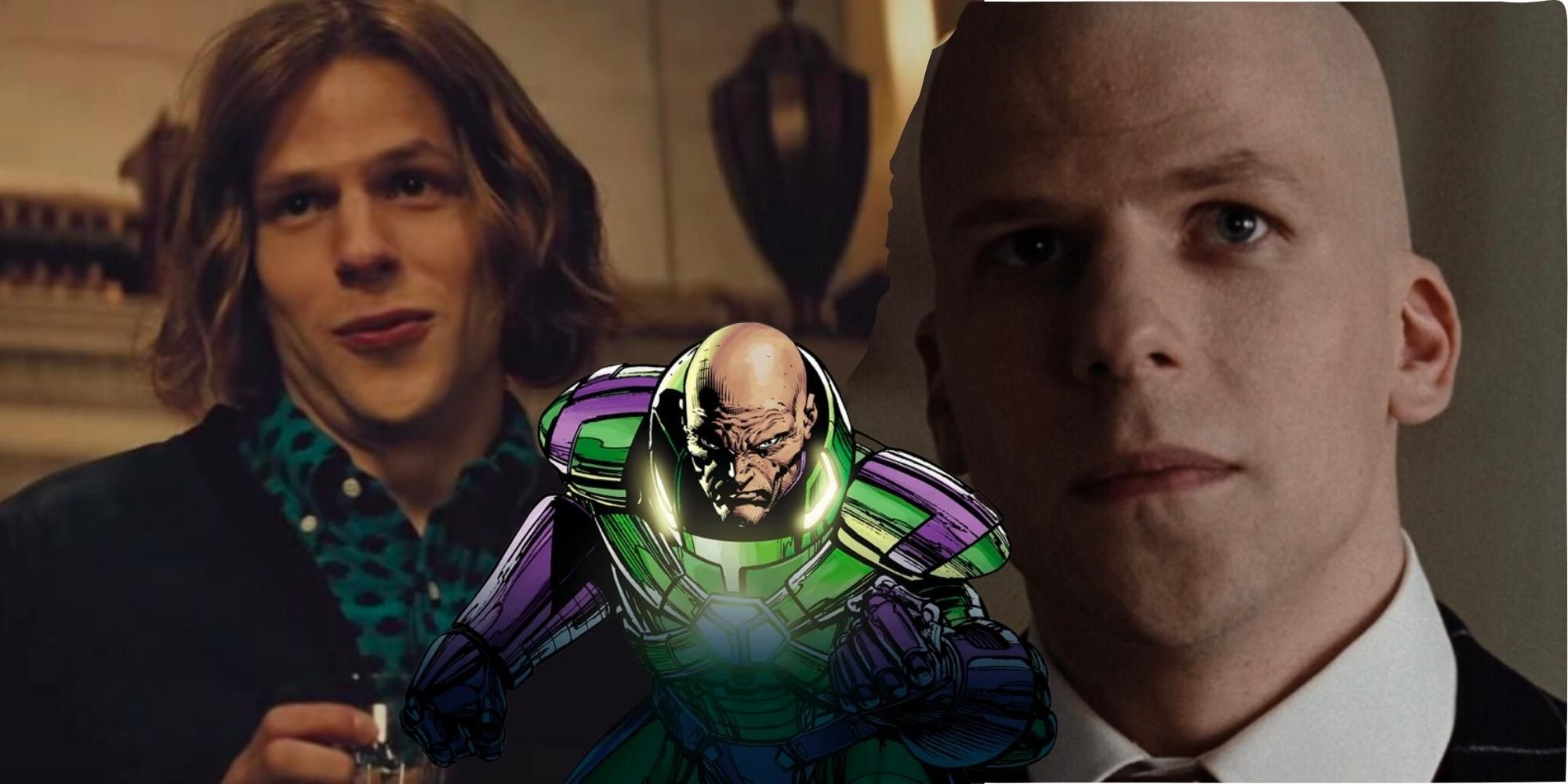 Batman v Superman Jesse Eisenberg as Lex Luthur with and without hair, behind the DCU character as he appears in the comic books