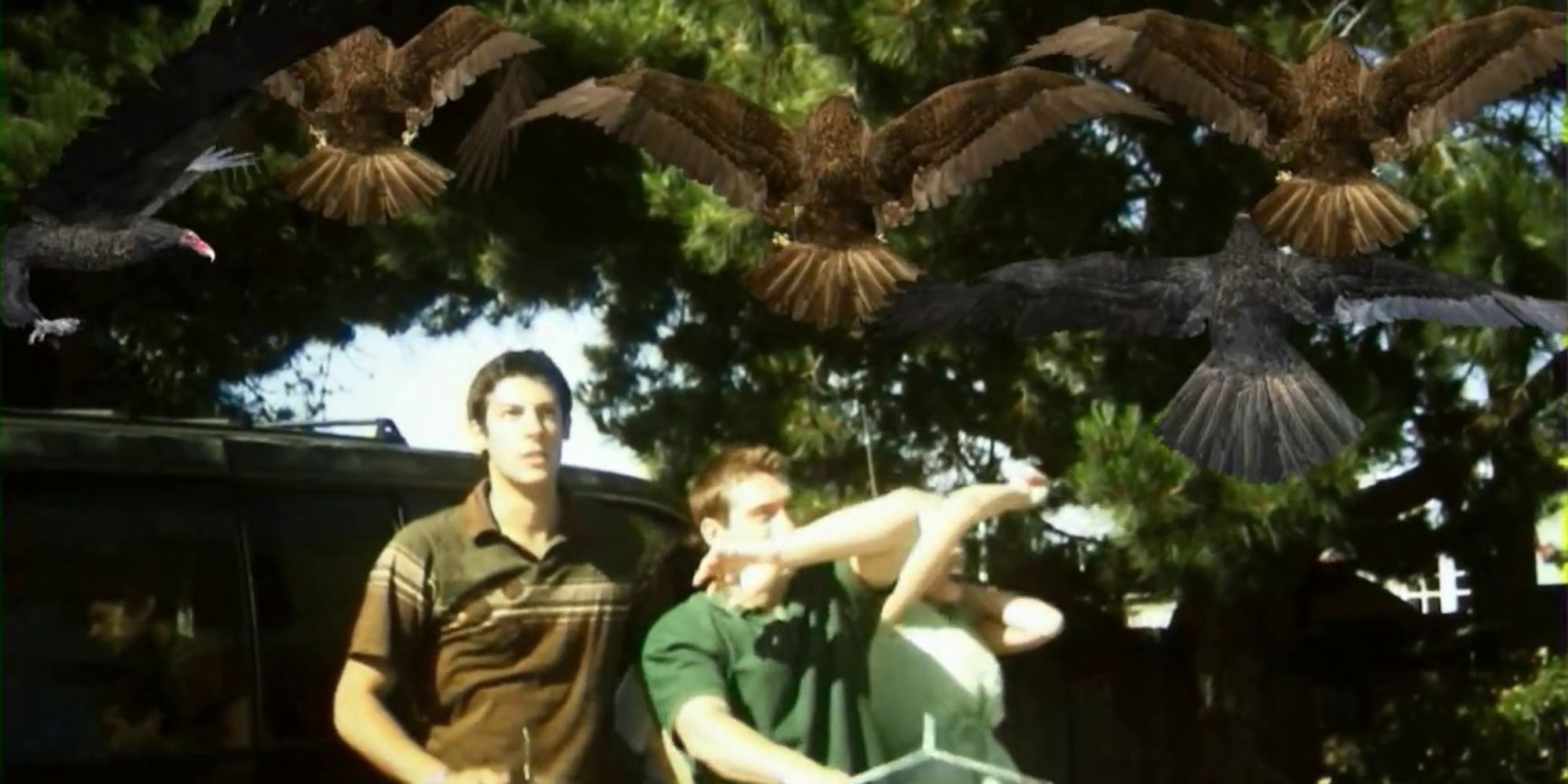 The cast of 'Birdemic: Shock and Terror' swats at a bunch of fake-looking CGI birds with wire hangars