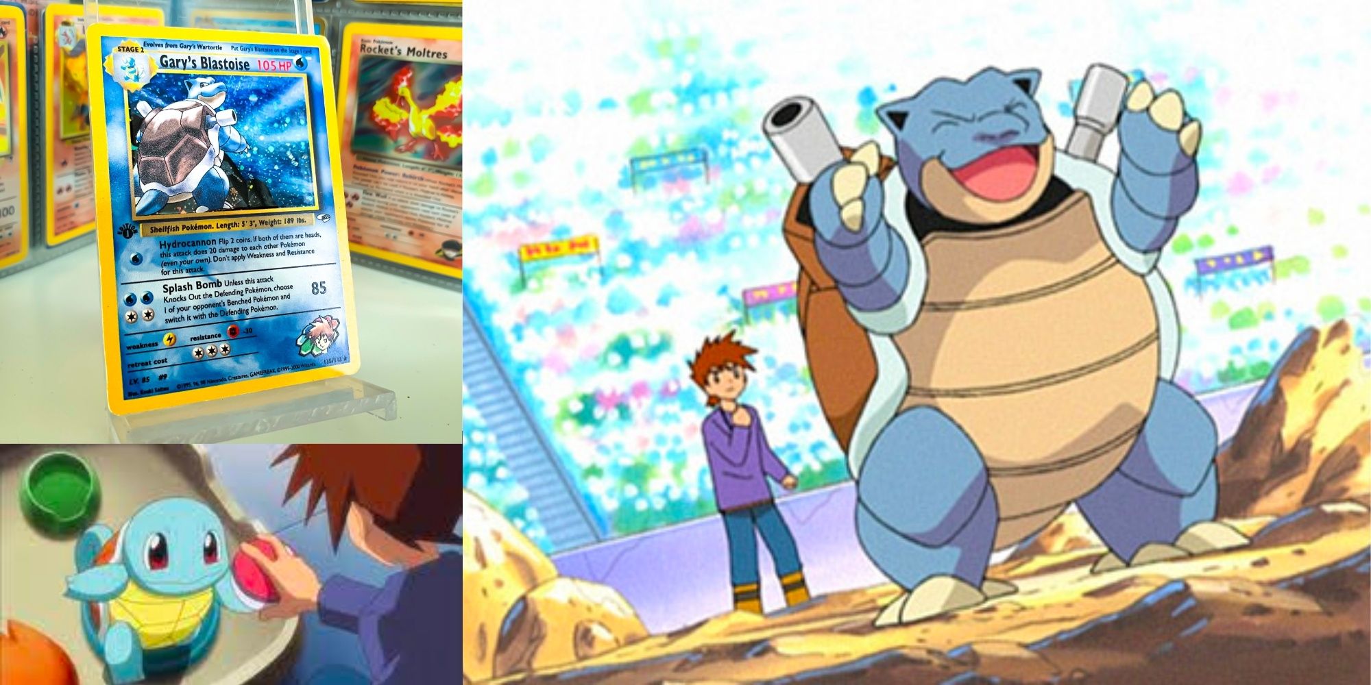 Blastoise battling with Gary, rare pokemon card, Gary and Squirtle Nintendo Game and Anime Pokemon 