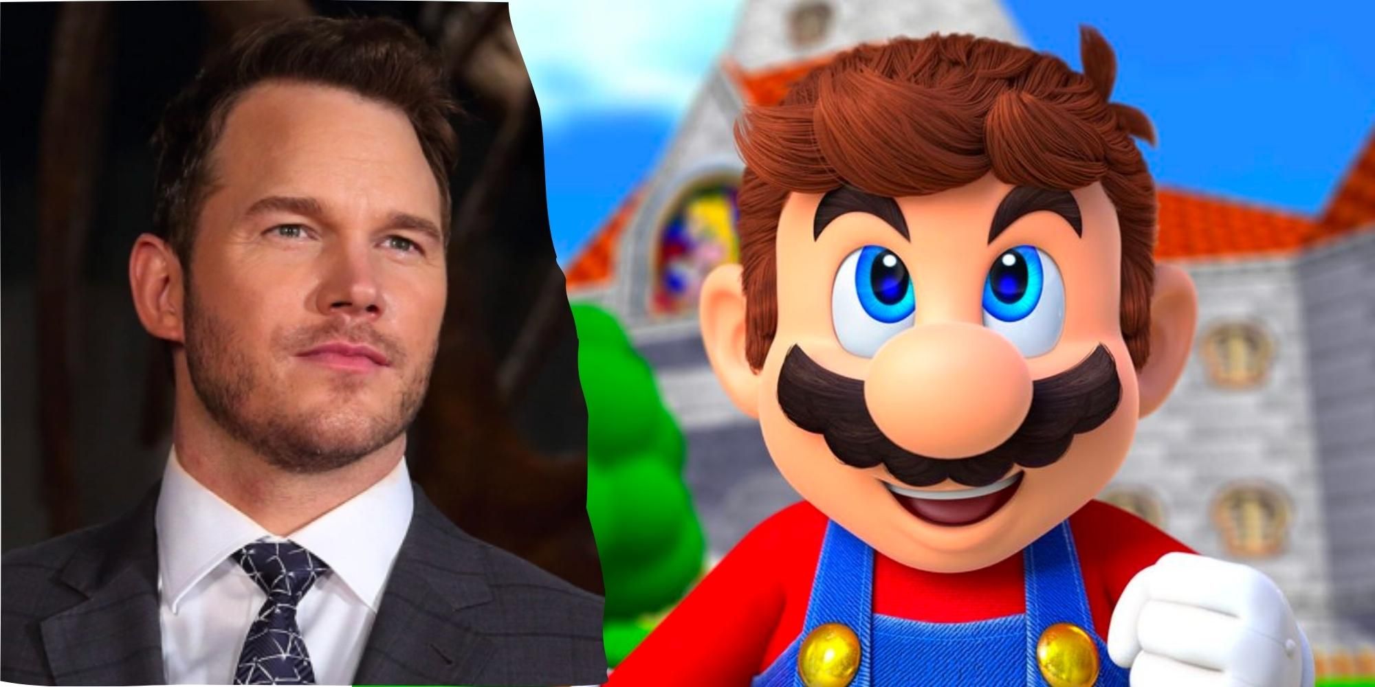 Chris Pratt next to Nintendo character Mario without his hat