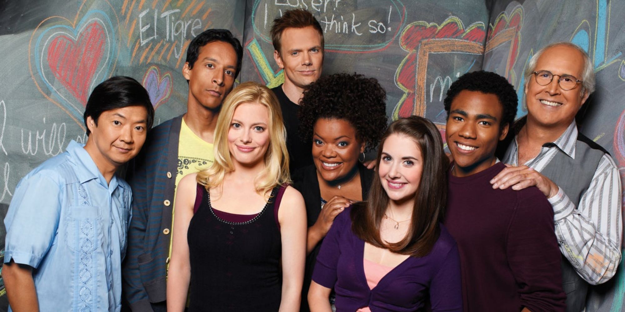 Cast of TV show Community, Ken Jeong, Danny Pudi, Gillian Jacobs, Joel McHale, Yvette Nicole Brown, Alison Brie, Donald Glover, Chevy Chase