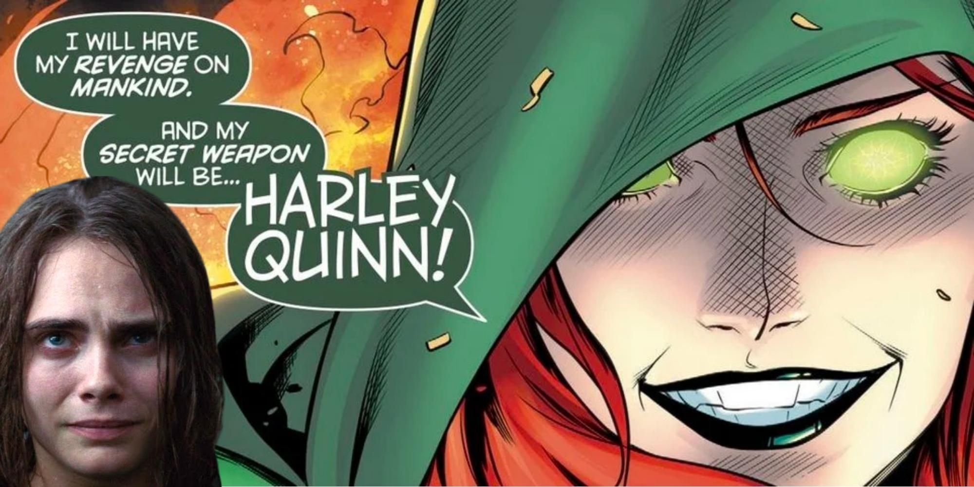 DC villain Enchantress as she appears in the comic books, with a green hood and red hair, Cara Delevigne looking sad in an image from Suicide Squad movie 