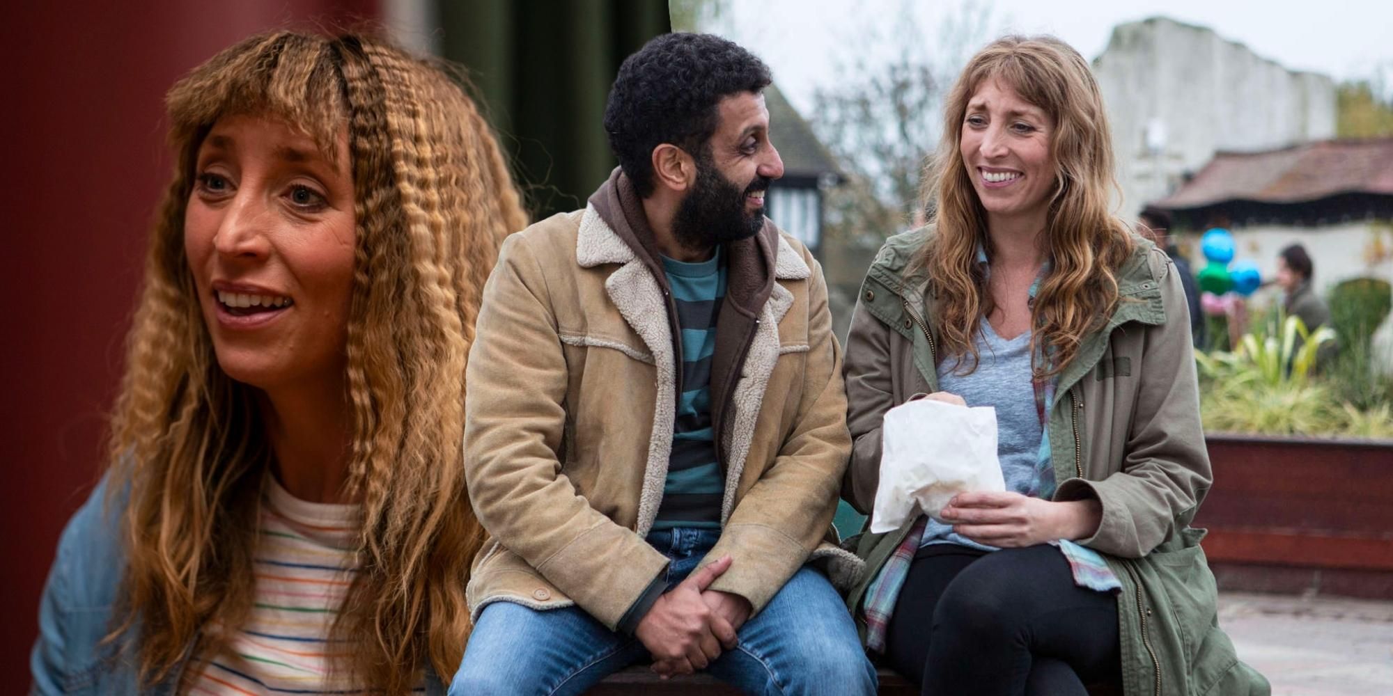 Daisy Haggard with crimped hair then having lunch with Adeel Akhtar in Back to Life