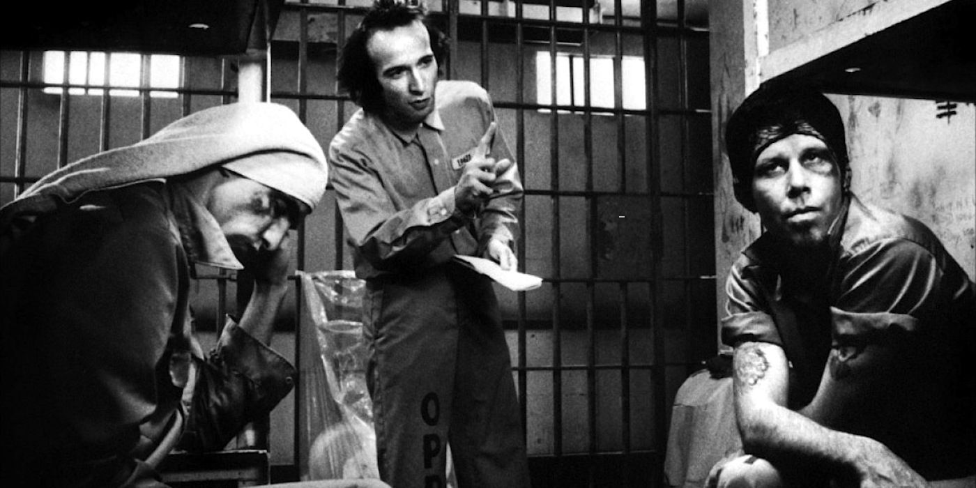 Tom Waits, John Lurie, and Roberto Benigni in a prison cell in Down by Law