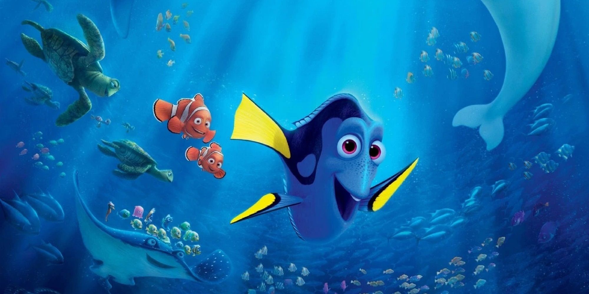 Dory swims with Marlin, Nemo, and other sea critters in 'Finding Dory'