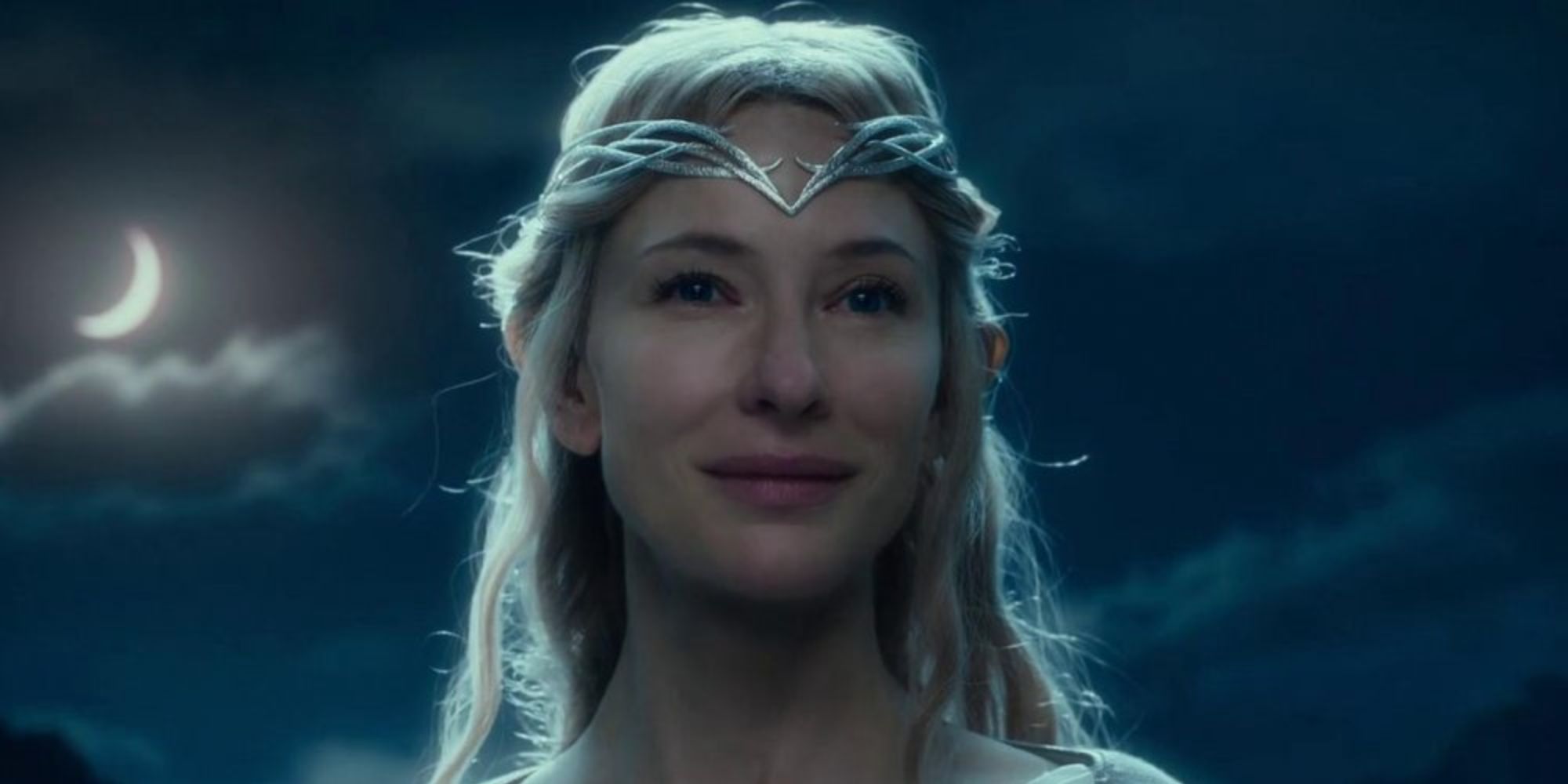 Galadriel smiling softly at night in The Hobbit
