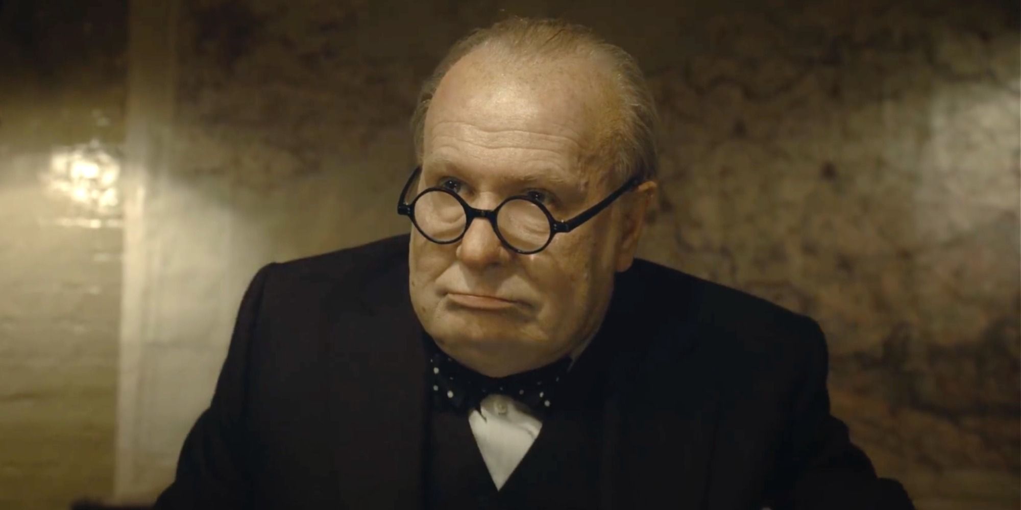 Winston Churchill with a serious expression in Darkest Hour