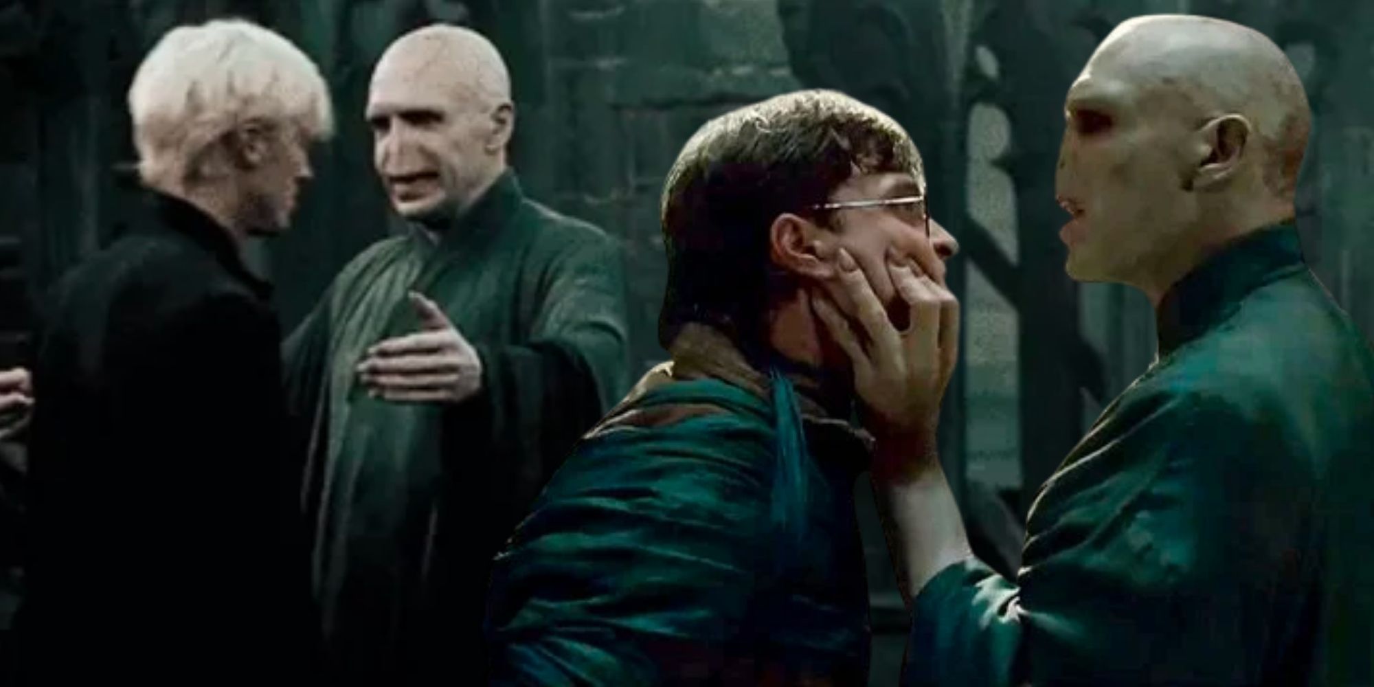 Harry Potter and the Deathly Hallows Part II Tom Felton Ralph Feinnes and Daniel Radcliffe Draco and Voldemort hugging and Harry Potter and Voldemort face to face
