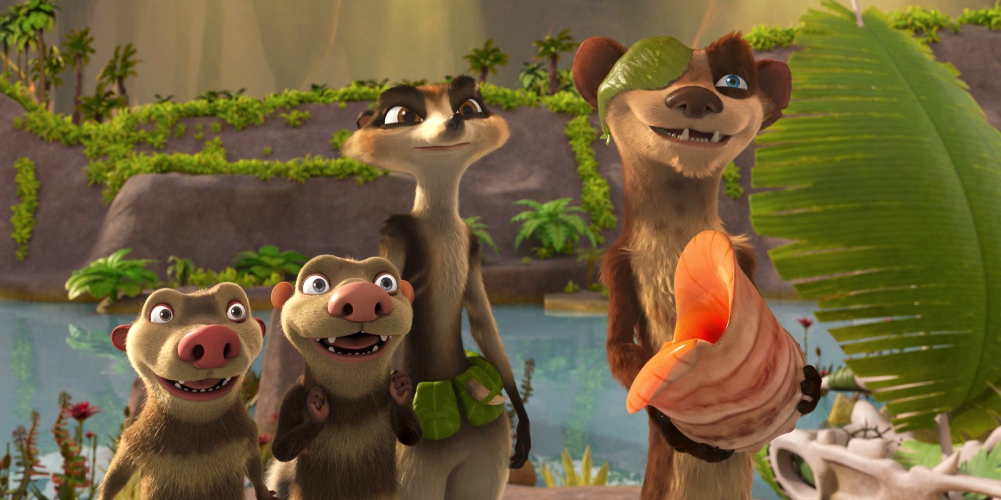 A weasel holding a seashell next to a group of other small mammals in 'The Ice Age Adventures of Buck Wild' (2022)