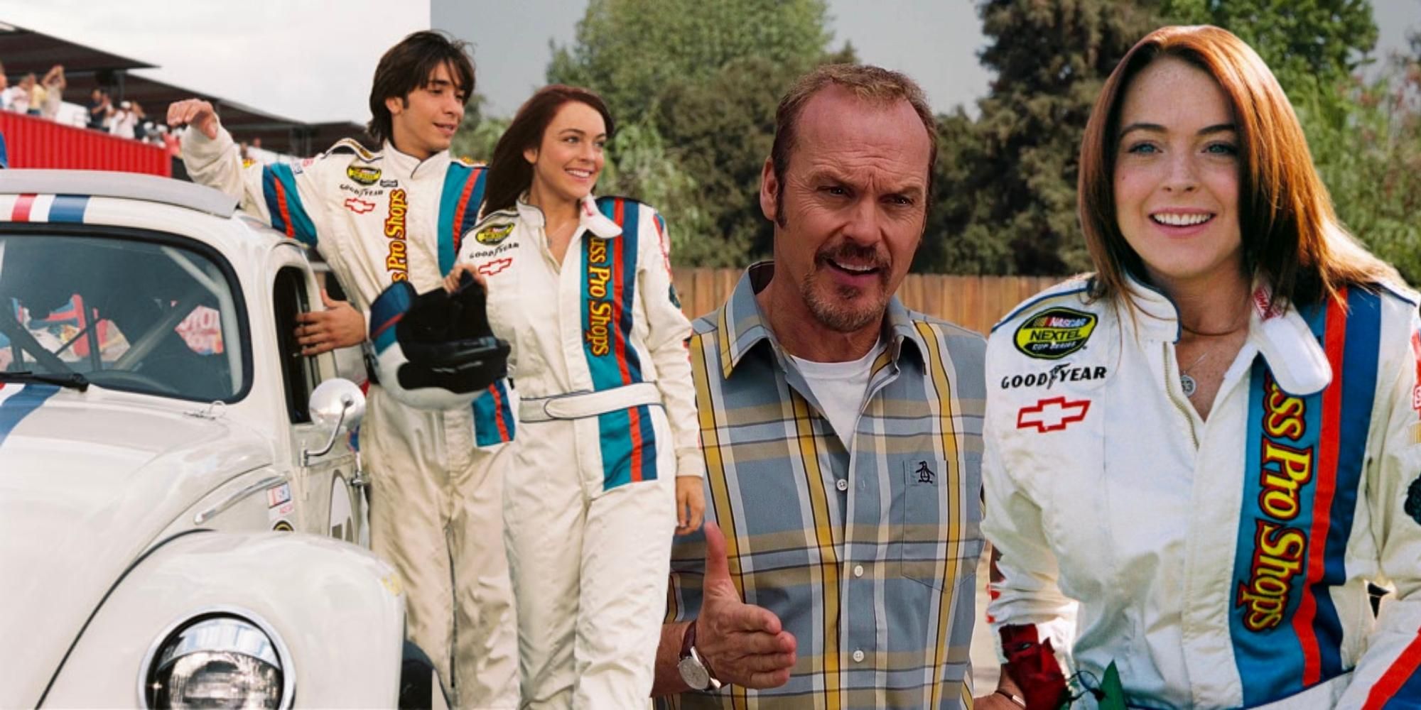 Justin Long and Lindsay Lohan in team uniform with Herbie, Michael Keaton as her father in Herbie Fully Loaded