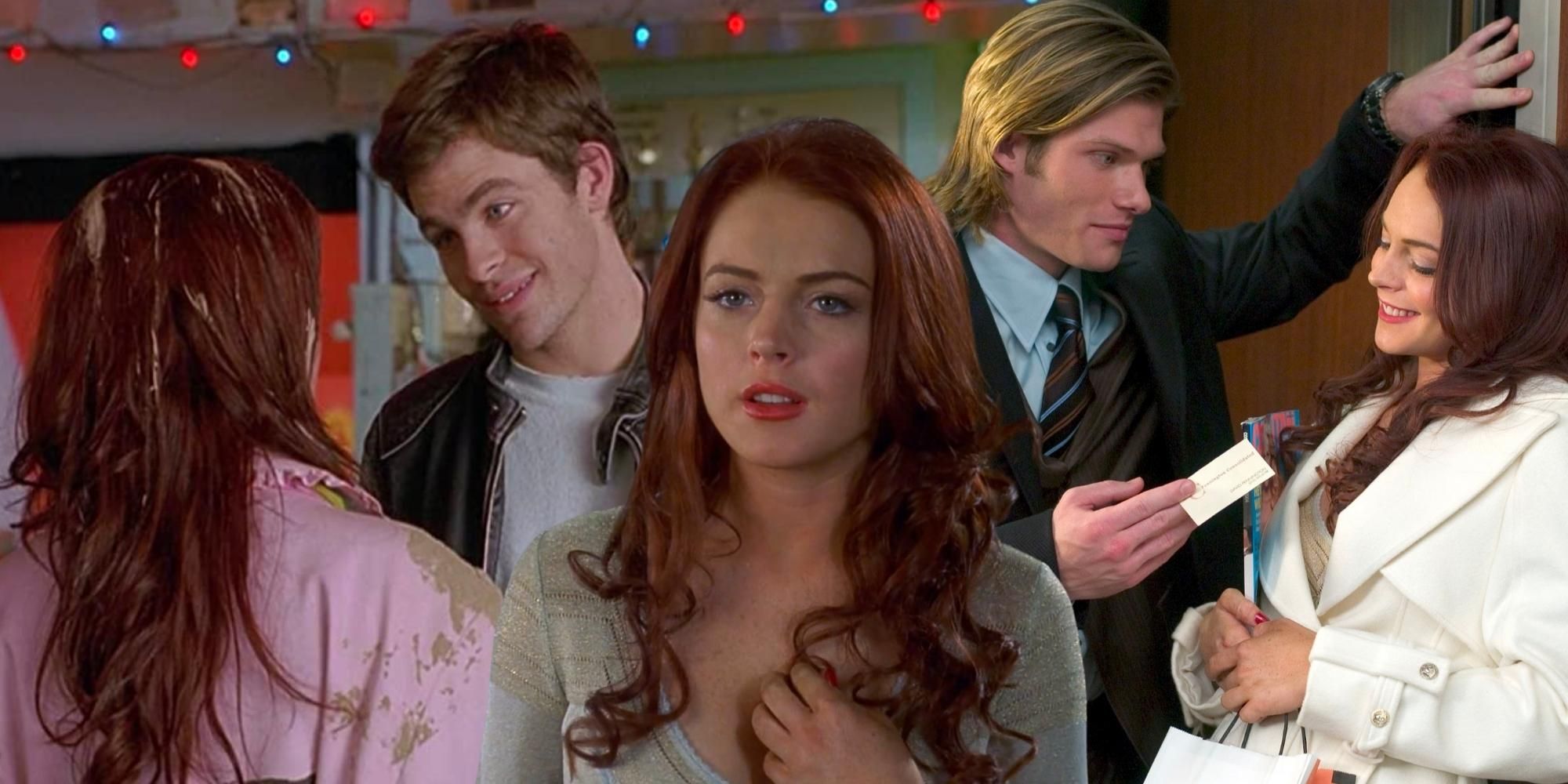 Lindsay Lohan covered in bird poop, talking to Chris Evans and being given a card by Chris Carmack in Just My Luck