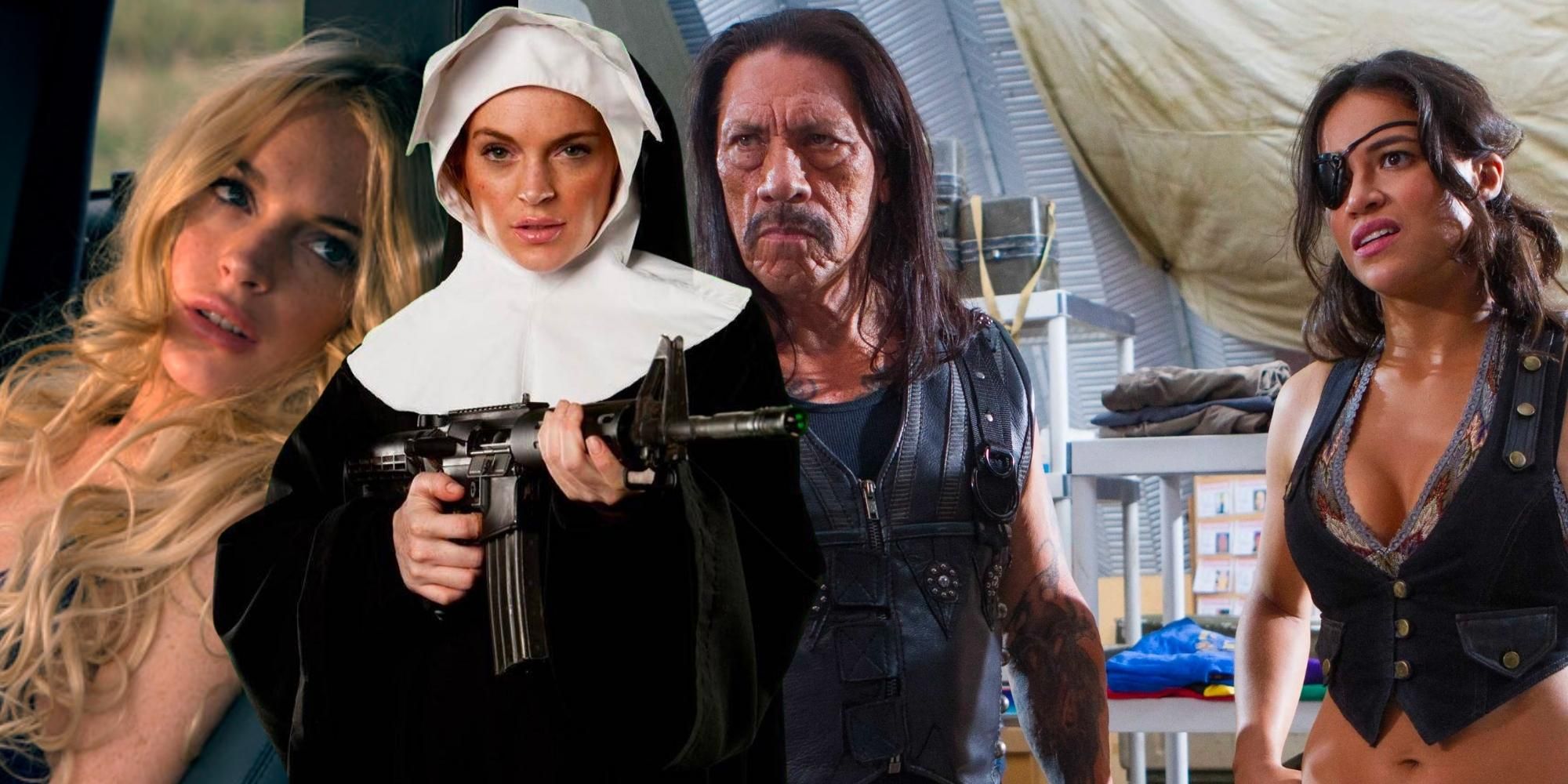 Lindsay Lohan in a car, dressed as a nun holding a gun, Danny Trejo and Michelle Rodriguez in Machete