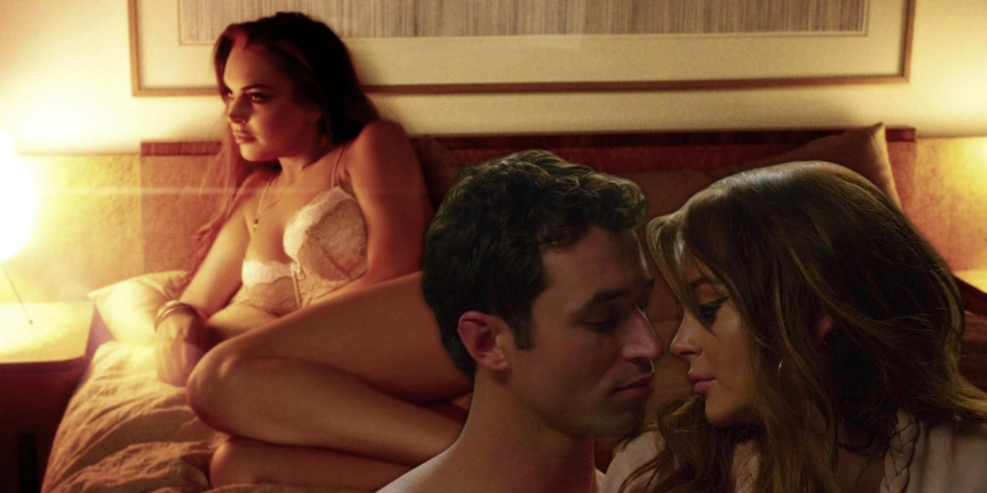 Lindsay Lohan lying on a bed and close to James Deen in the Canyons