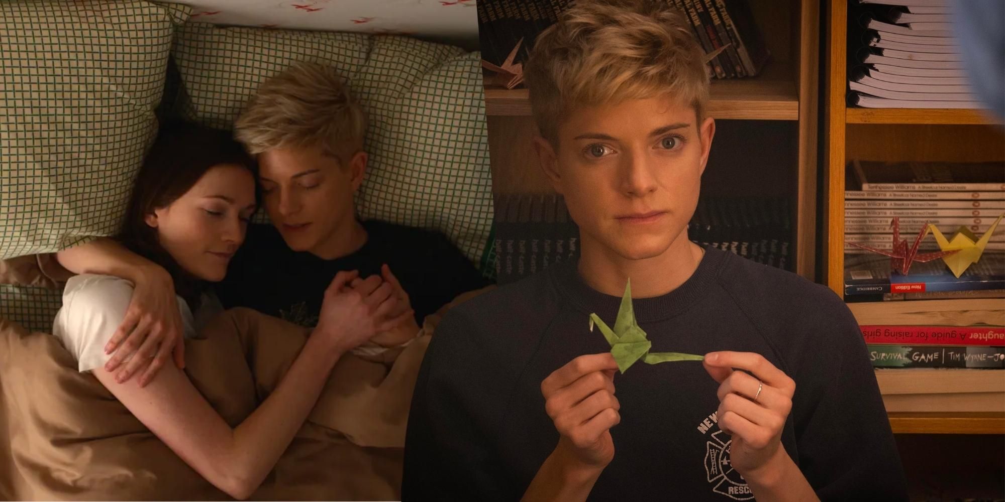 Mae Martin holding Charlotte Ritchie in bed, then holding origami in Feel Good