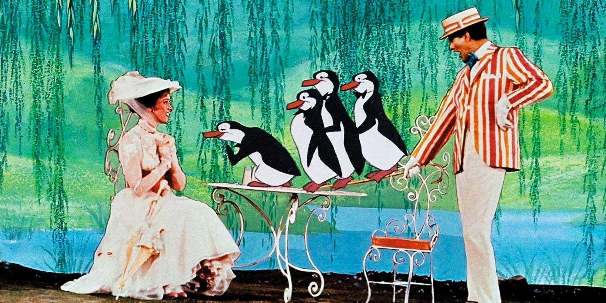 Mary Poppins (Julie Andrews) and Bert (Dick Van Dyke) with the animated penguins in 'Mary Poppins' 