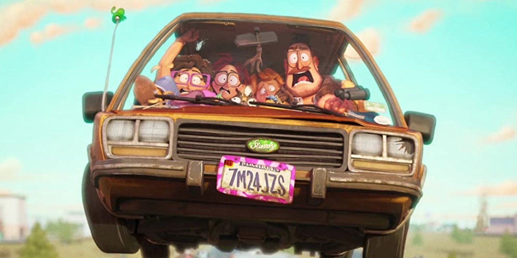 The main characters of The Mitchells vs. the Machines screaming inside a car.