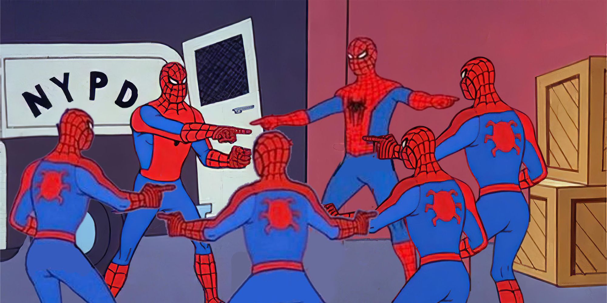 Multiple Spider-Men standing in a circle pointing at each other