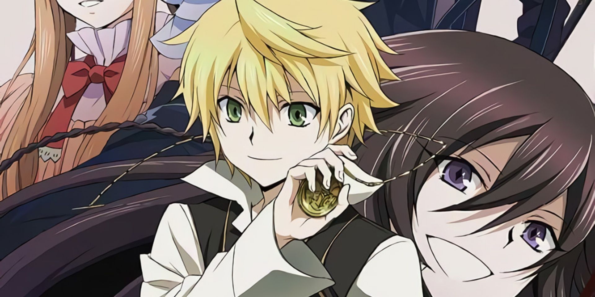 Pandora Hearts Oz holding pocketwatch and Alice smiling Cropped