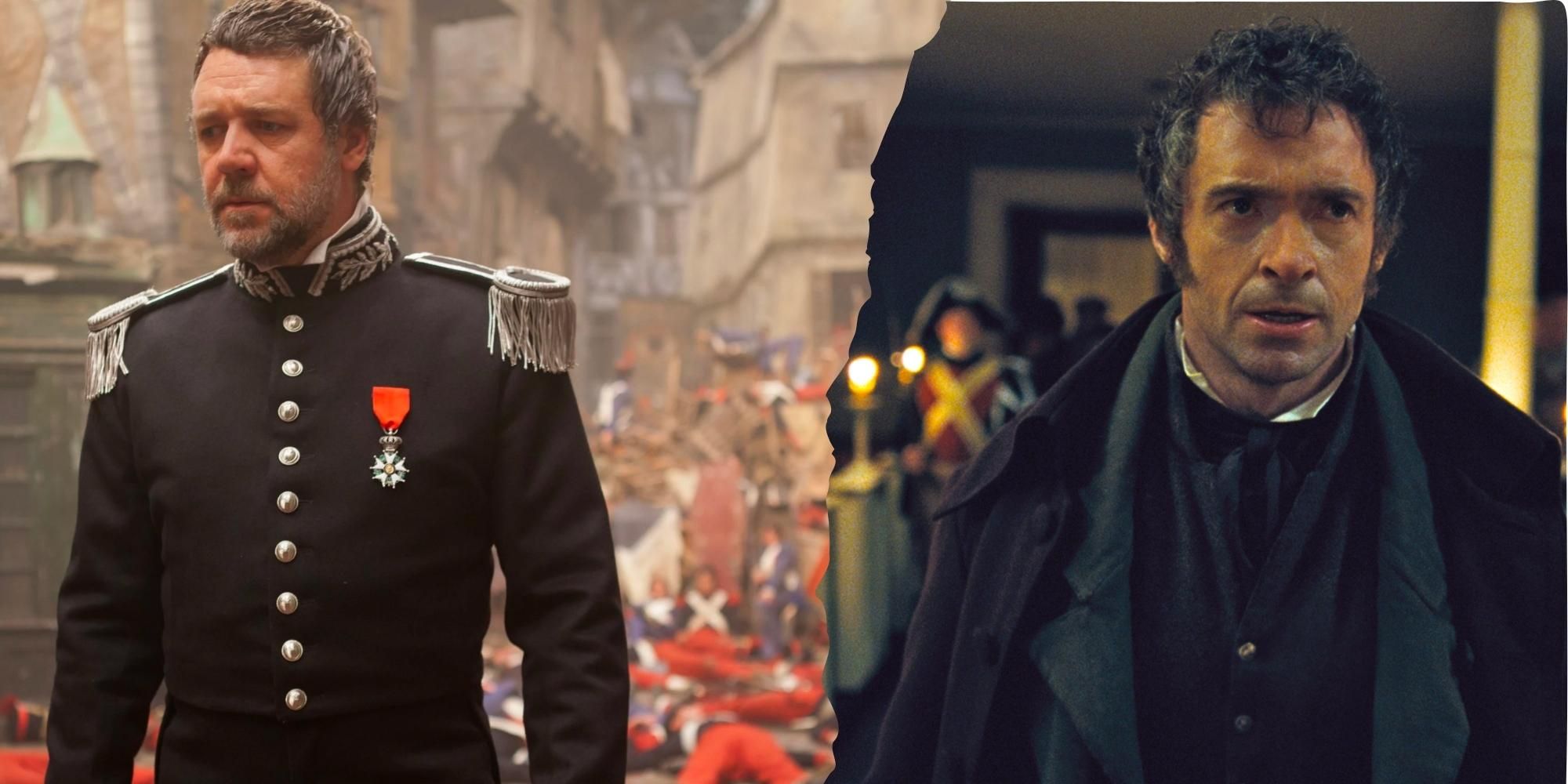 Russell Crowe as Javert looking sad next to Hugh Jackman as Jean Valjean in Les Miserable
