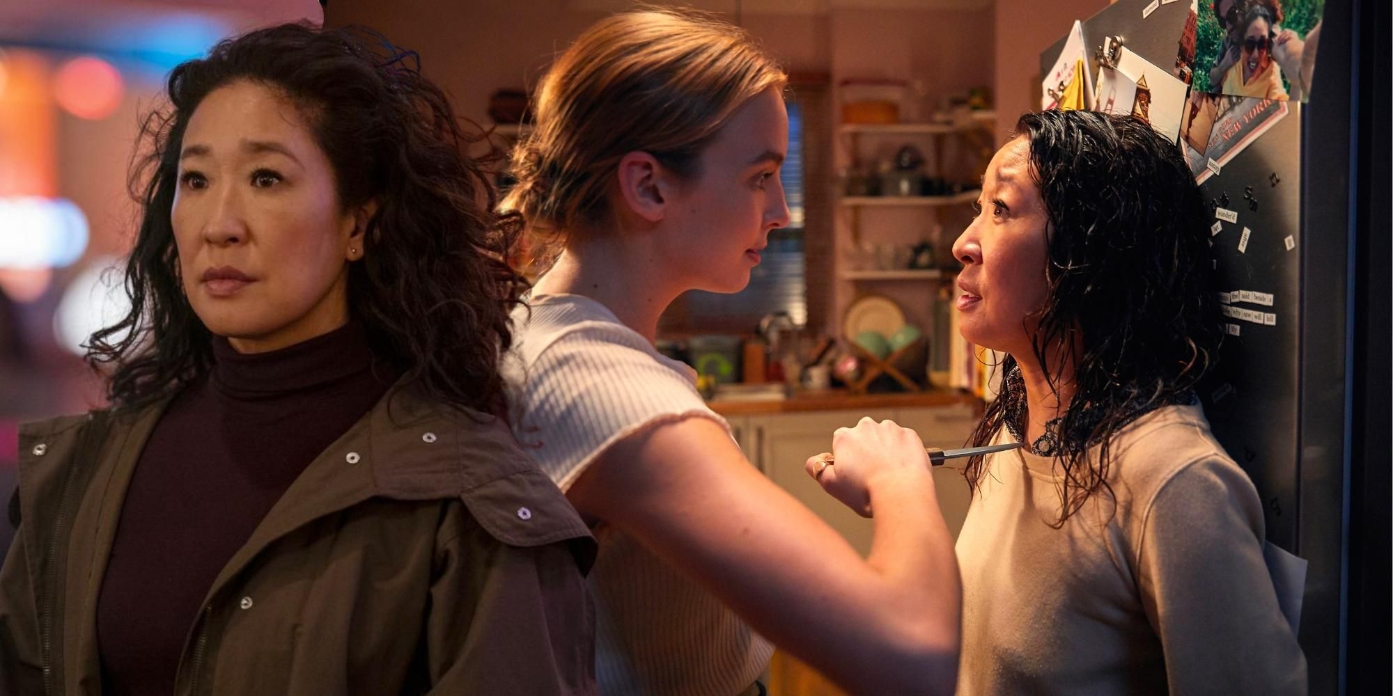 Sandra Oh, then held at knife point by Jodie Comer in Killing Eve