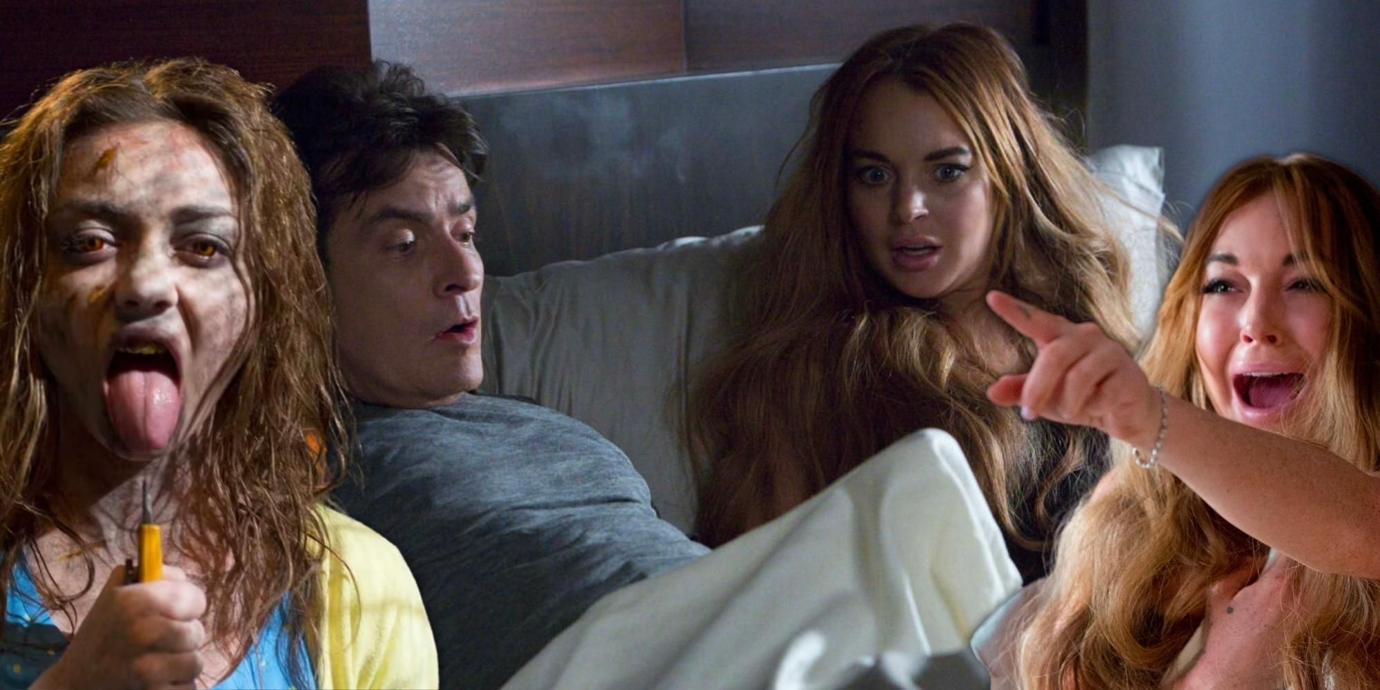 Sarah Hyland dressed as Regan from the Exorcist, Charlie Sheen and Lindsay Lohan in bed together, Lindsay screaming in Scary Movie 5