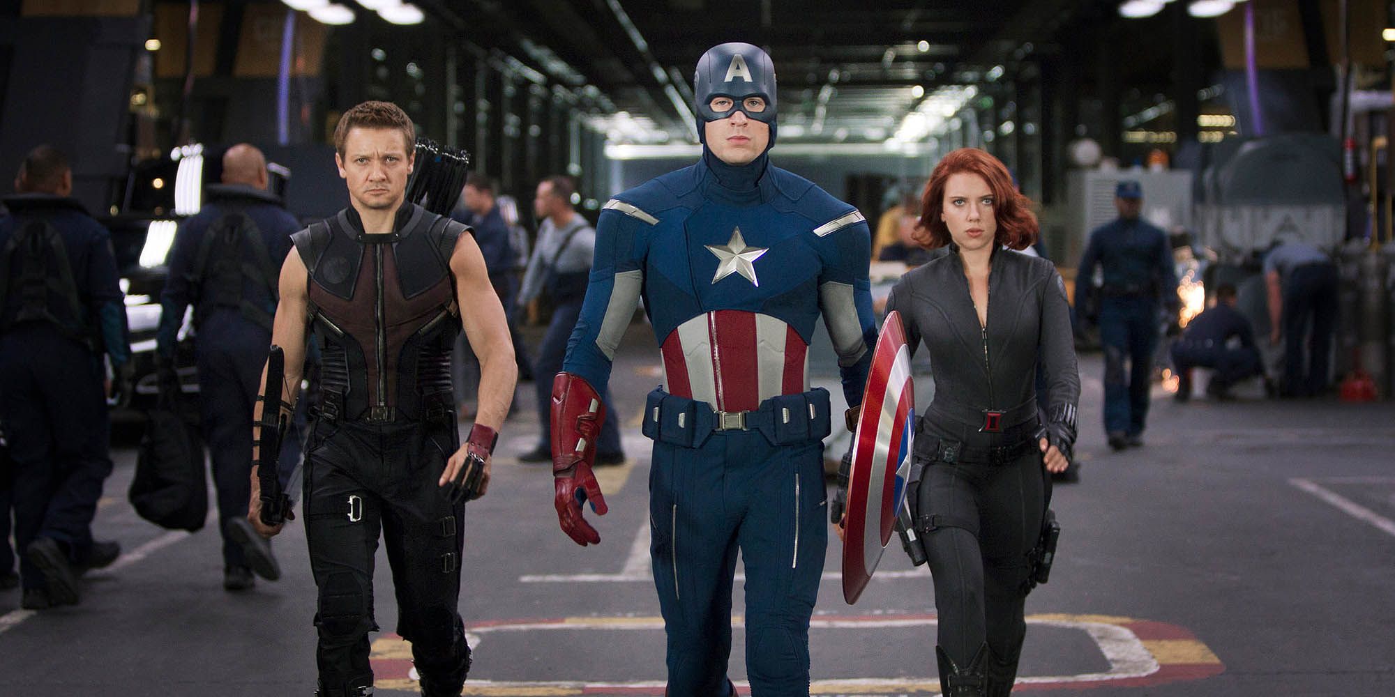 Black Widow, Hawkeye, and Captain America Boarding Quinjet in The Avengers