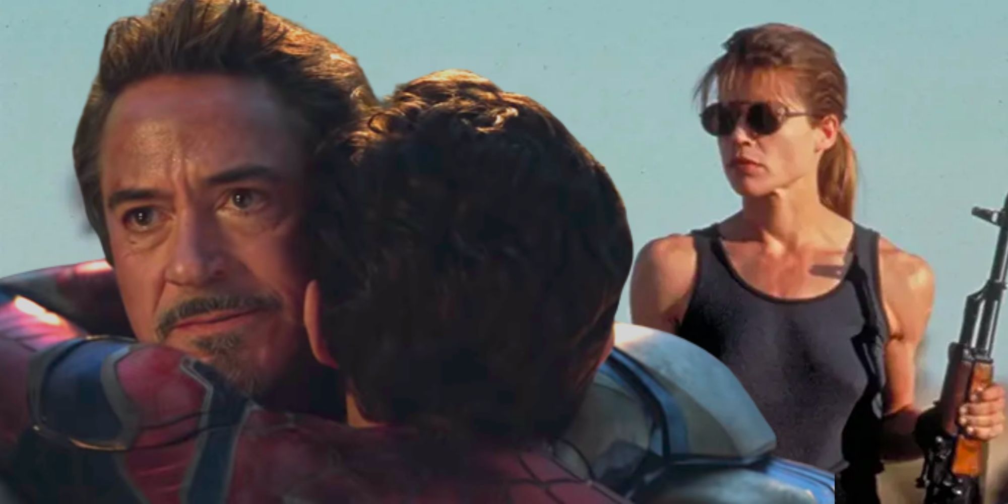 Sequels Robert Downey Jr Linda Hamilton Tom Holland, Tony Stark hugging Peter Parker, Sarah Connor as she appears in T2