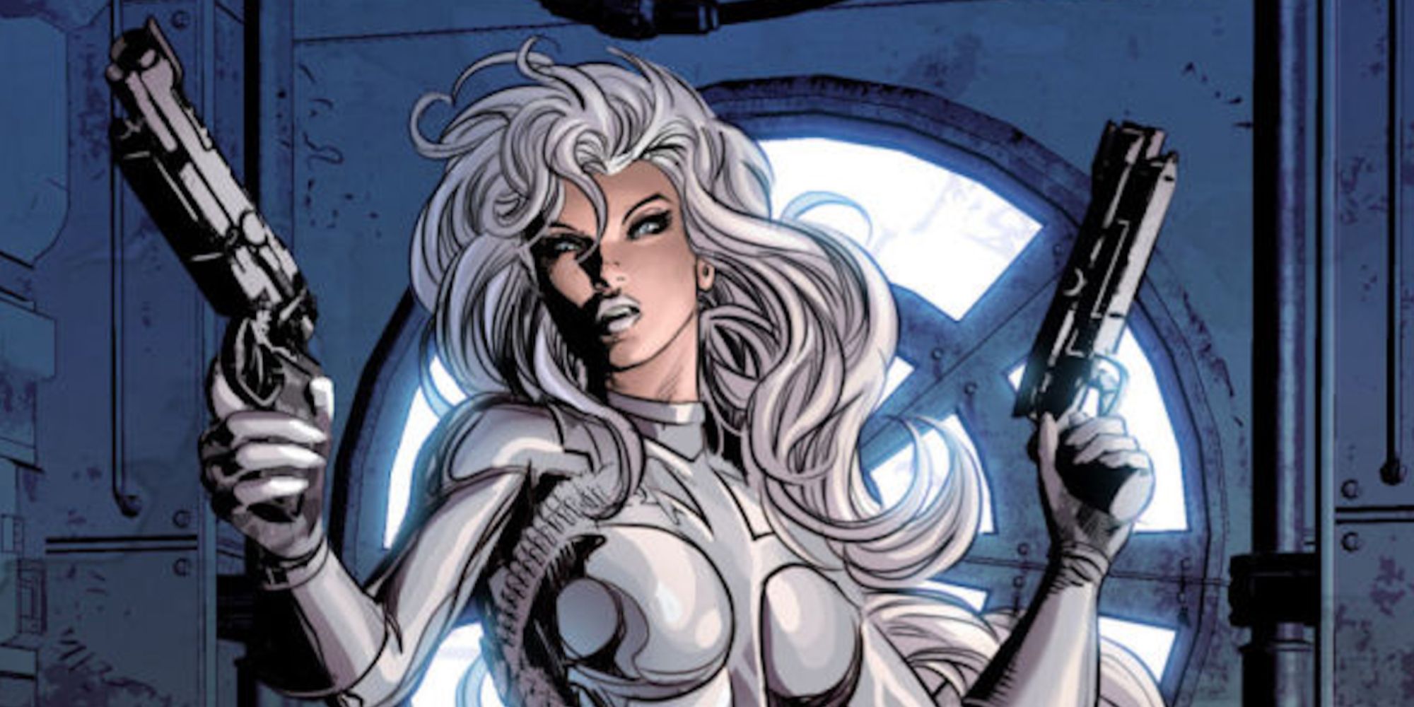 Silver Sable holds two guns in the air within the pages of Marvel Comics.