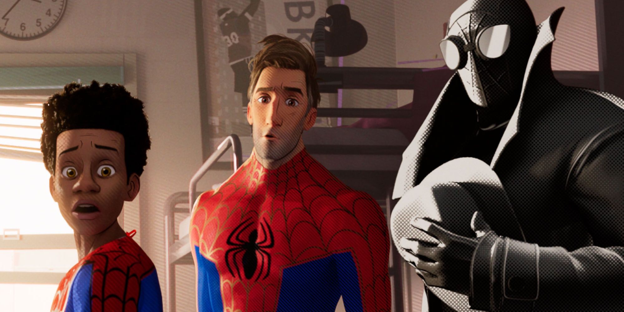 Miles Morales, Peter Parker and Spider-Man Noir in Spider-Man: Into the Spider Verse