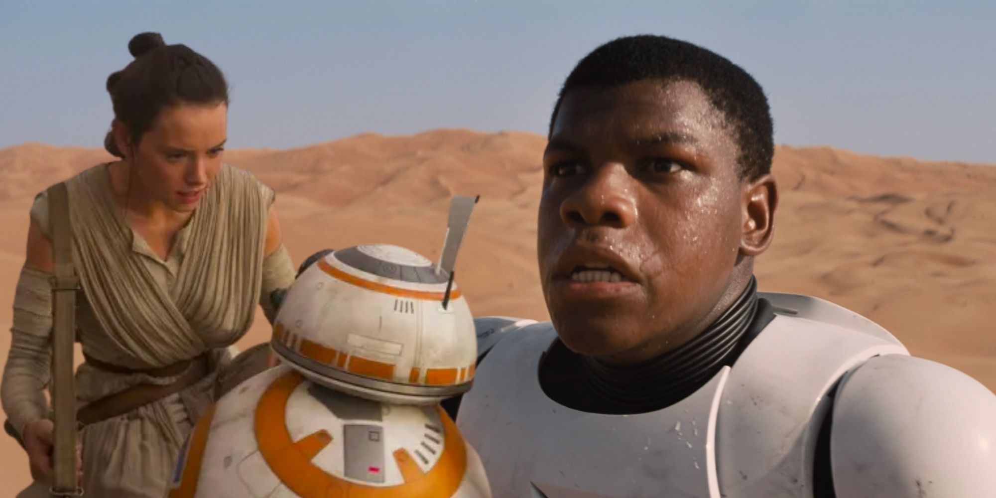Star Wars the Rise of Skywalker Daisy Ridley John Boyega Rey and BB8 next to Finn in his storm trooper uniform on Tatooine