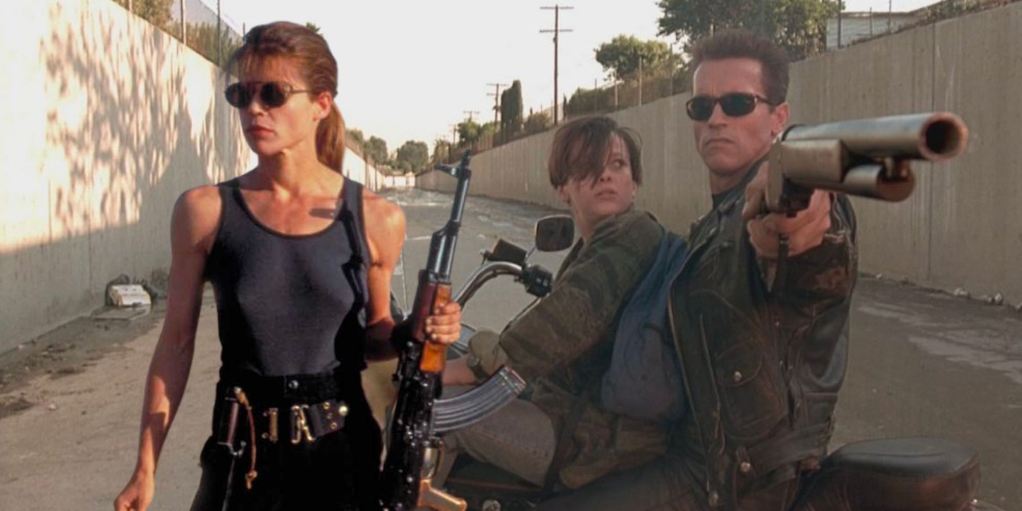 Terminator 2 Judgement Day T2 Arnold Schwarzenegger Edward Furlong Linda Hamilton Terminator protecting John Connor, Sarah Connor holding a gun