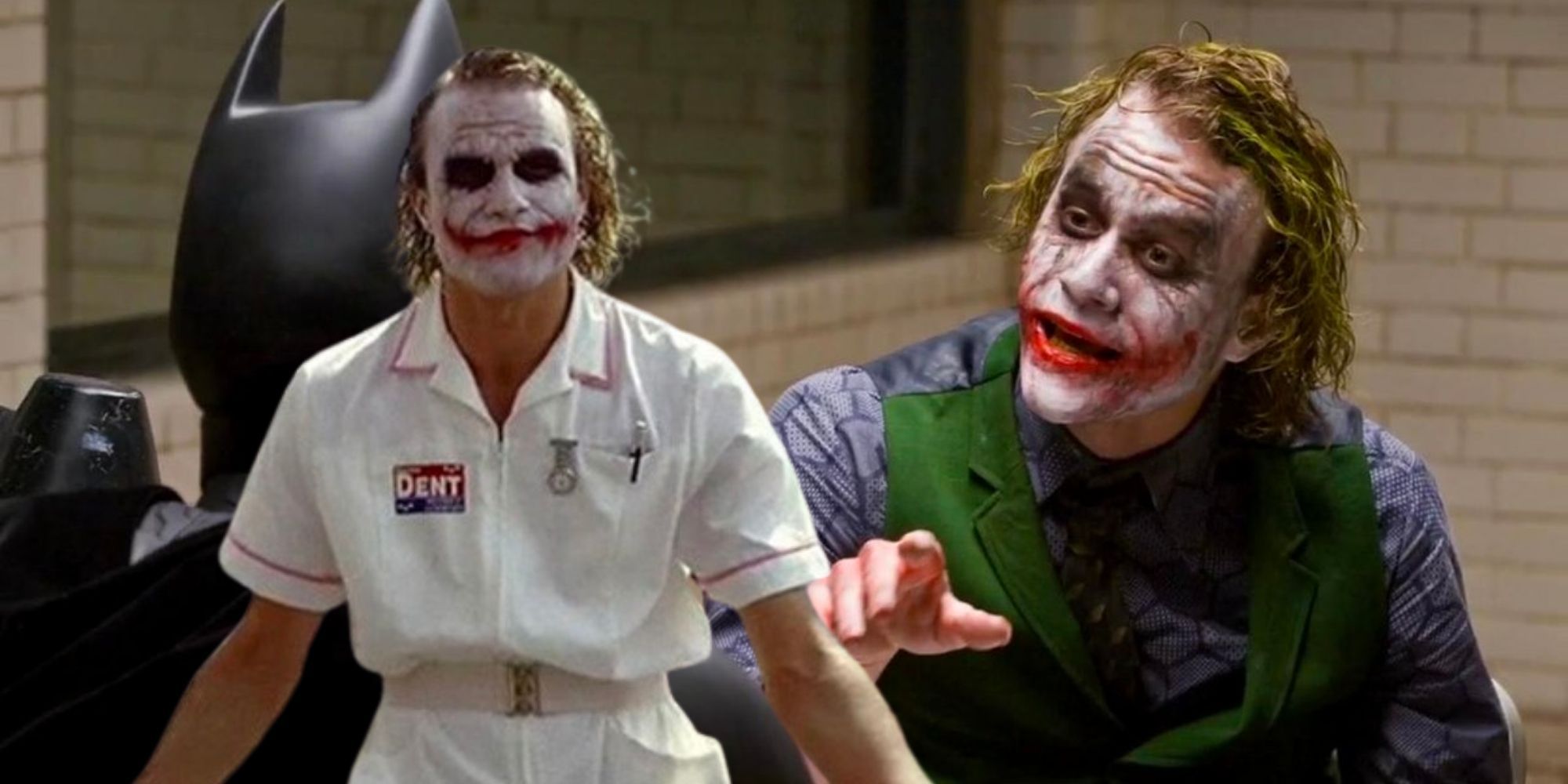 The Dark Knight Heath Ledger Joker talking to Batman and in a nurse outfit after blowing up the hospital