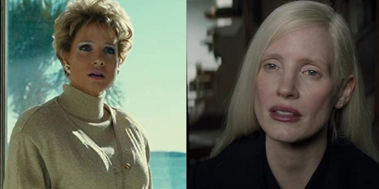 Jessica Chastain in The Eyes of Tammy Faye (2021) and X-Men: Dark Phoenix (2019)