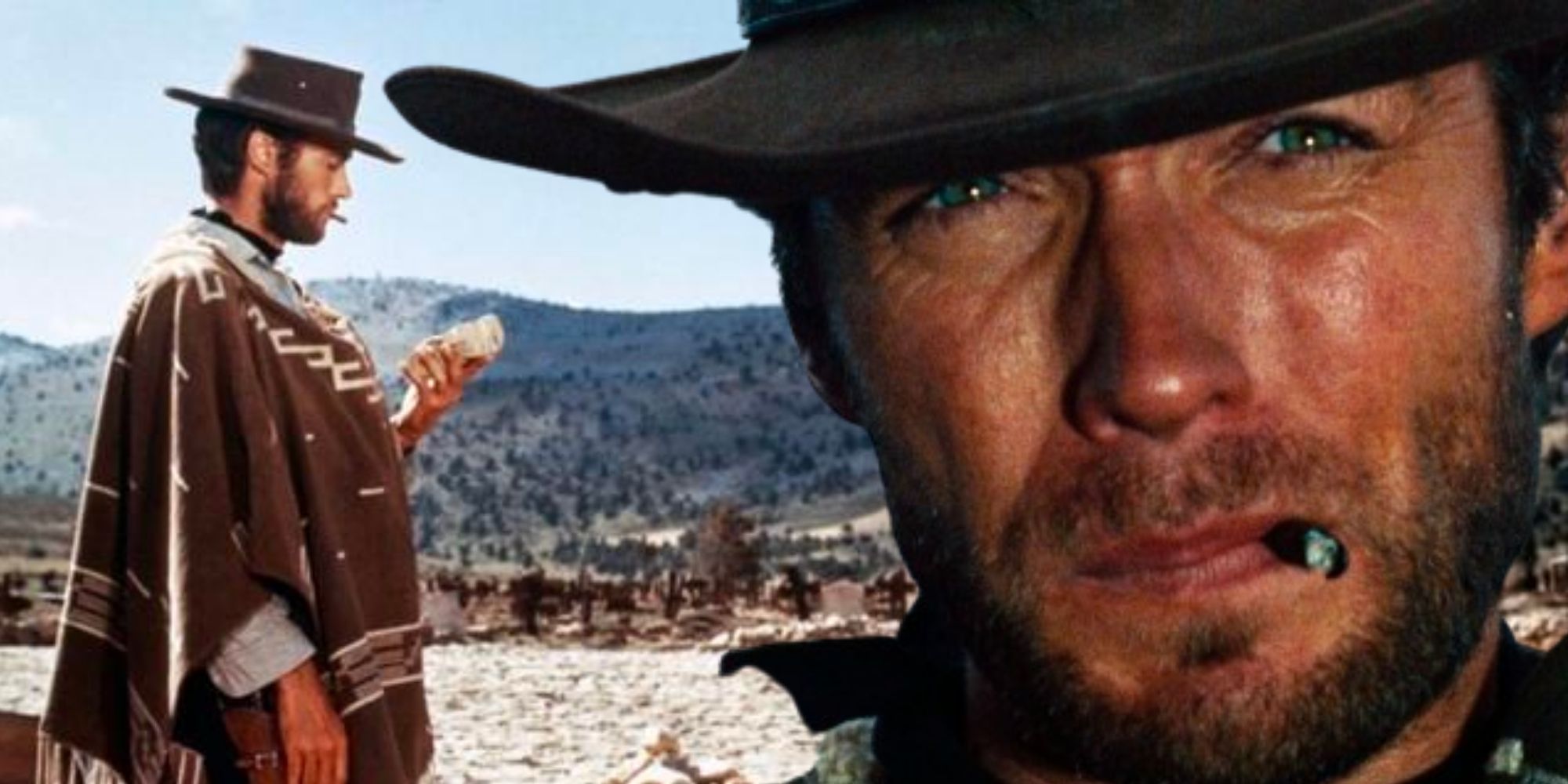 The Good the Bad and the Ugly Clint Eastwood in his poncho and smoking a cigar