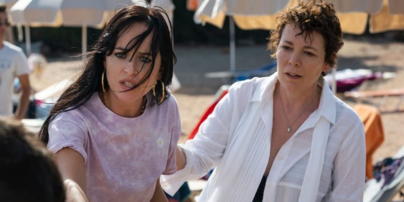 The Lost Daughter Image of Nina (Dakota Johnson) and Leda (Olivia Colman) via IMDb.