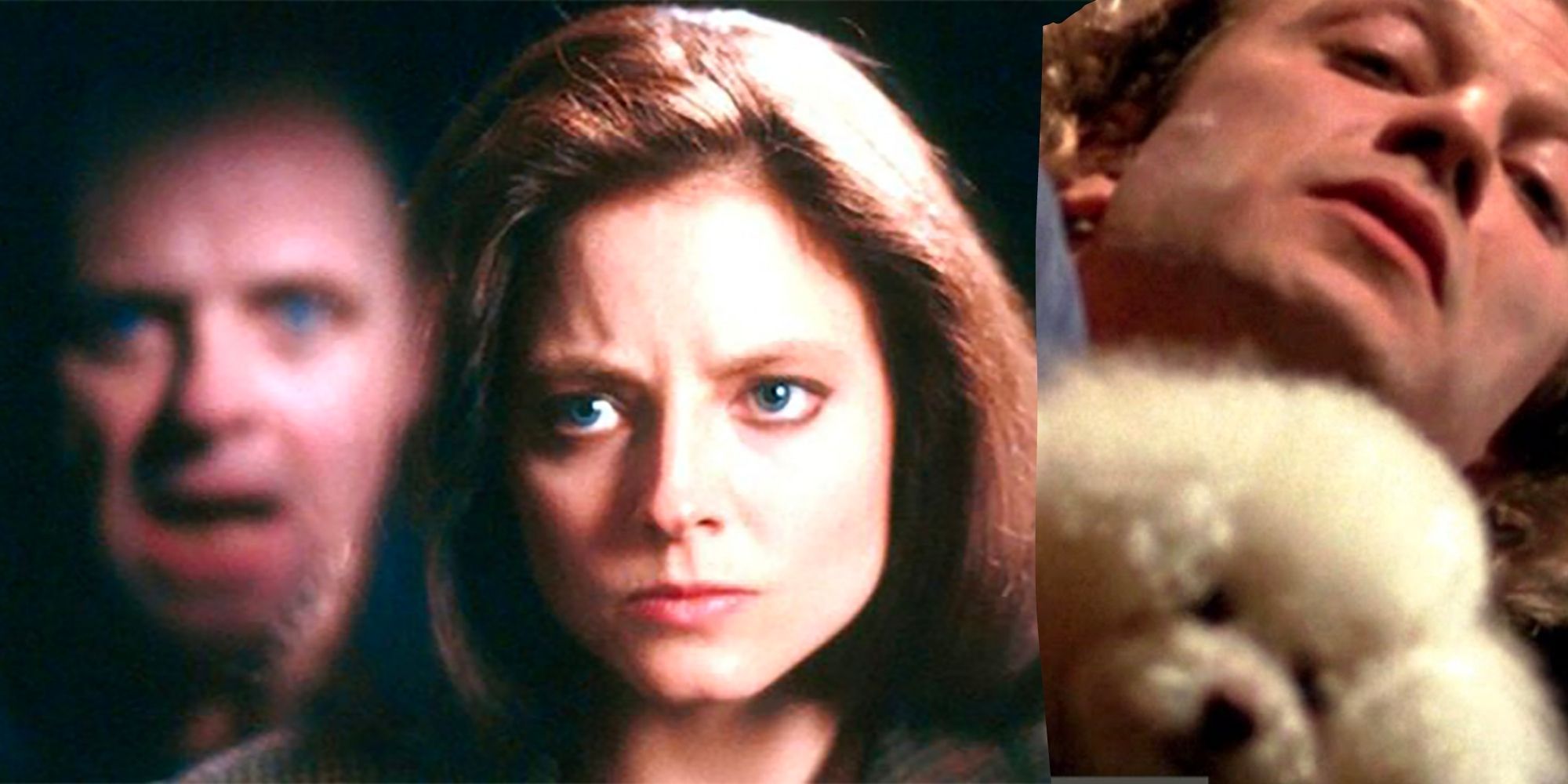 The Silence of the Lambs Jodie Foster as Clarice and Sir Anthony Hopkins as Hannibal Lecter next to Ted Levine as Buffalo Bill and his dog