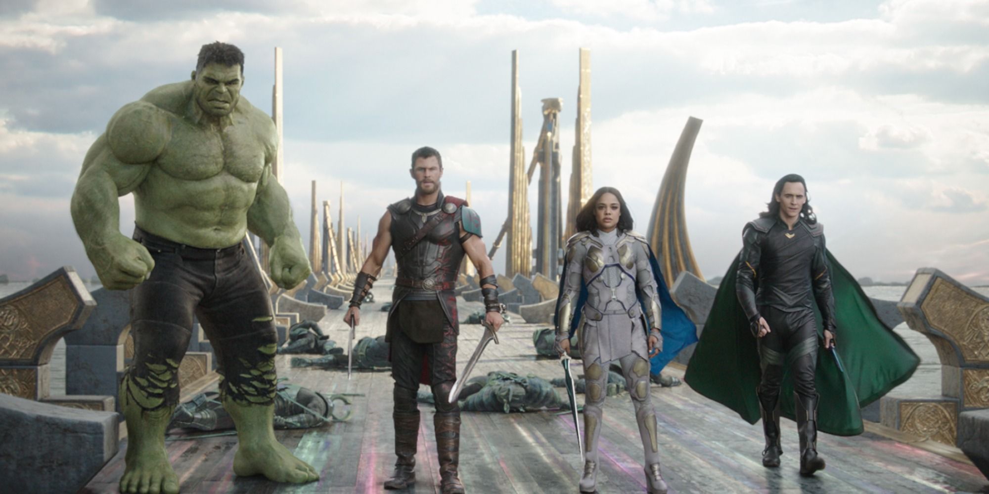 Hulk, Thor, Valkyrie, and Loki on the rainbow bridge 