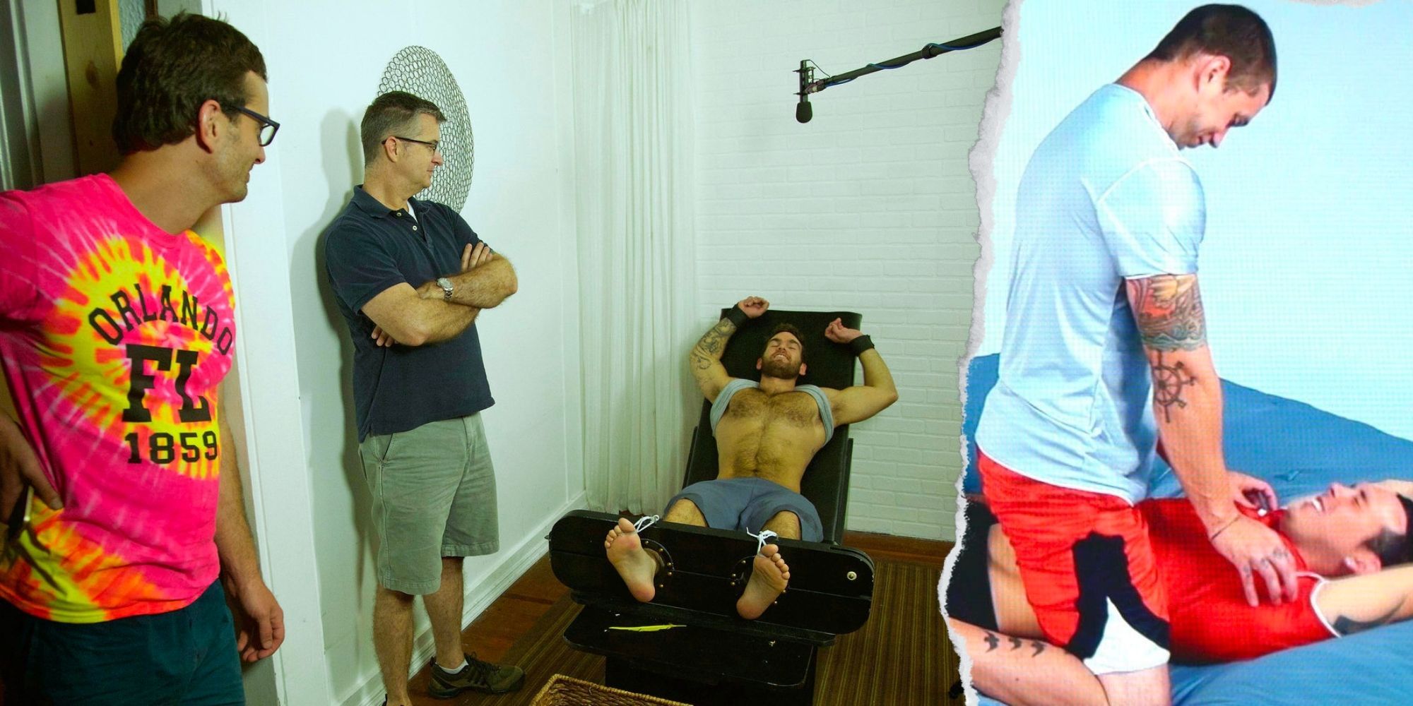 Tickled documentary creator David Farrier and an interviewee tied down, men having a tickle fight