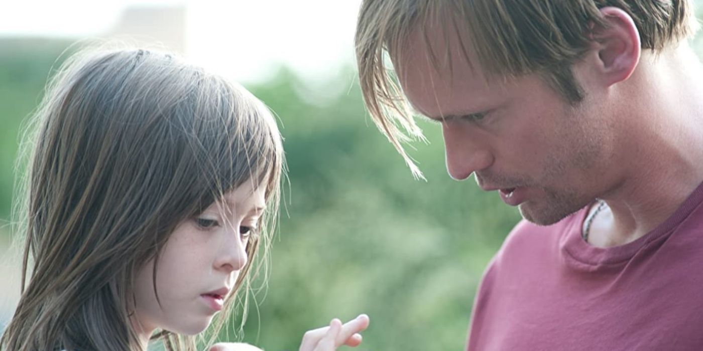 Alexander Skarsgard and Onata Aprile as Lincoln and Maisie outside in the film What Maisie Knew
