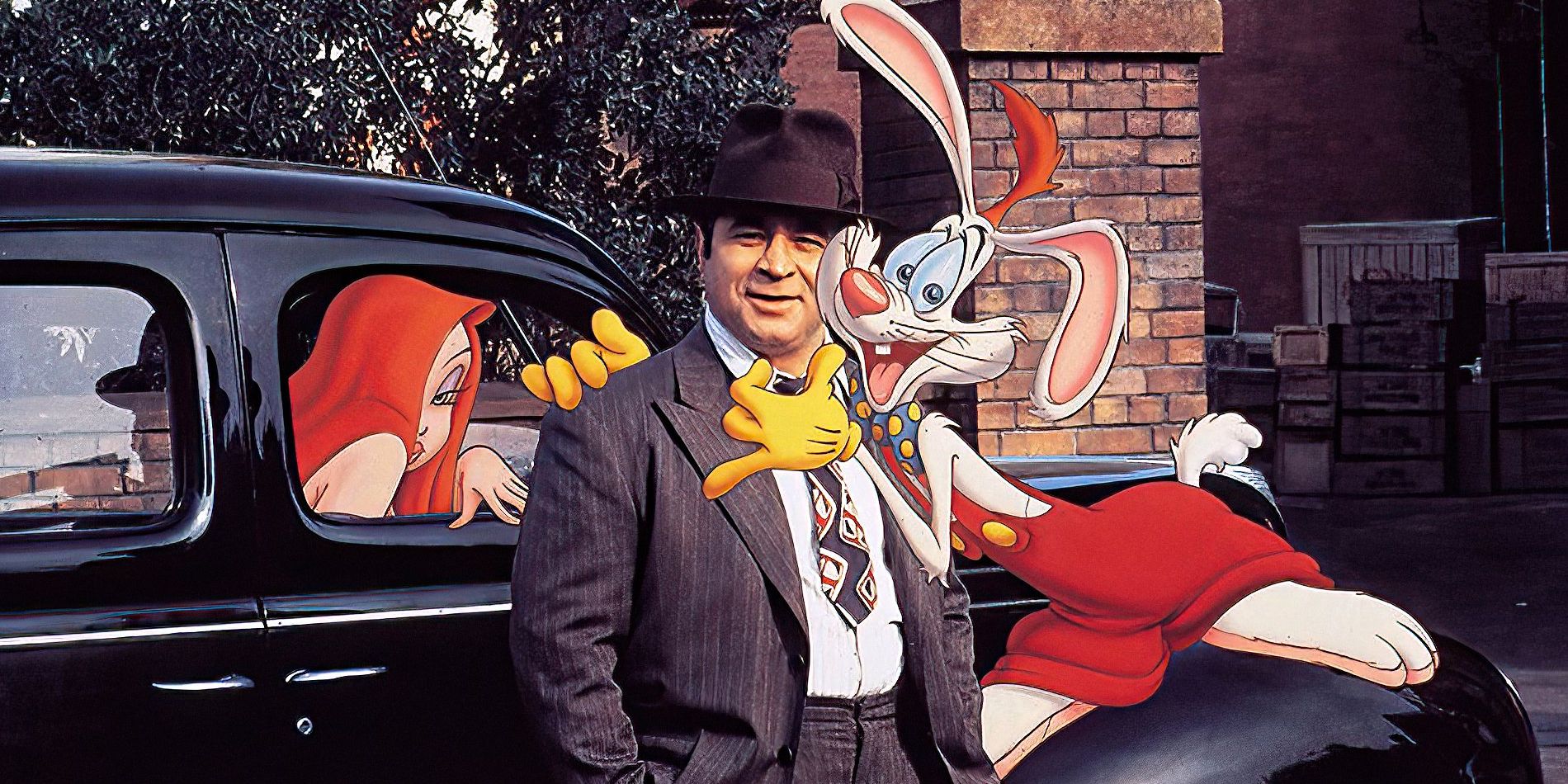 Eddie Valiant (Bob Hoskins) with Roger and Jessica Rabbit in Who Framed Roger Rabbit