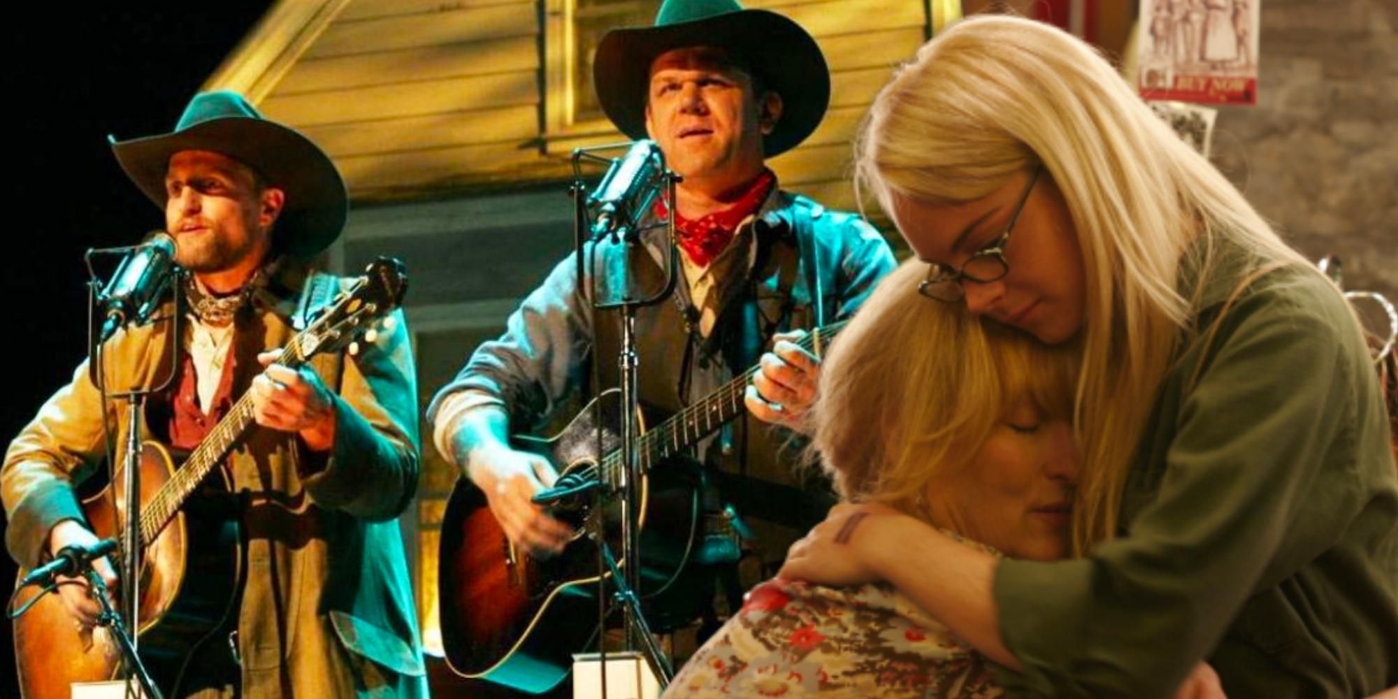 Woody Harrelson and John C Reilly singing and playing guitar, Lindsay Lohan hugging Meryl Streep in A Prairie Home Companion